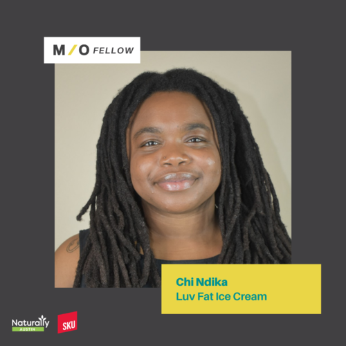 Poster of a woman with dreadlocks promoting Chi Ndika Luv Fat Ice Cream from Naturally Austin and SKU