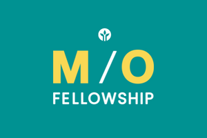 Logo for M/O Fellowship with a small plant icon above the text.