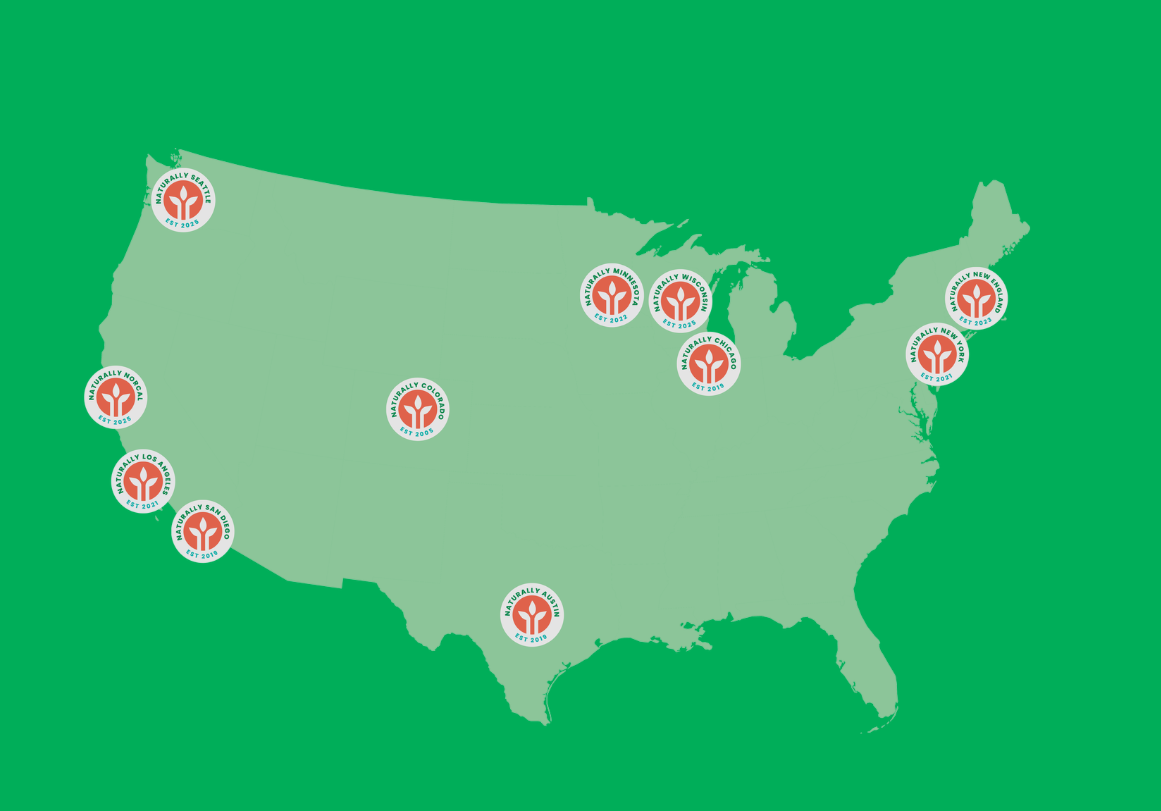 Vector graphic map of Naturally Network chapters in the United States.