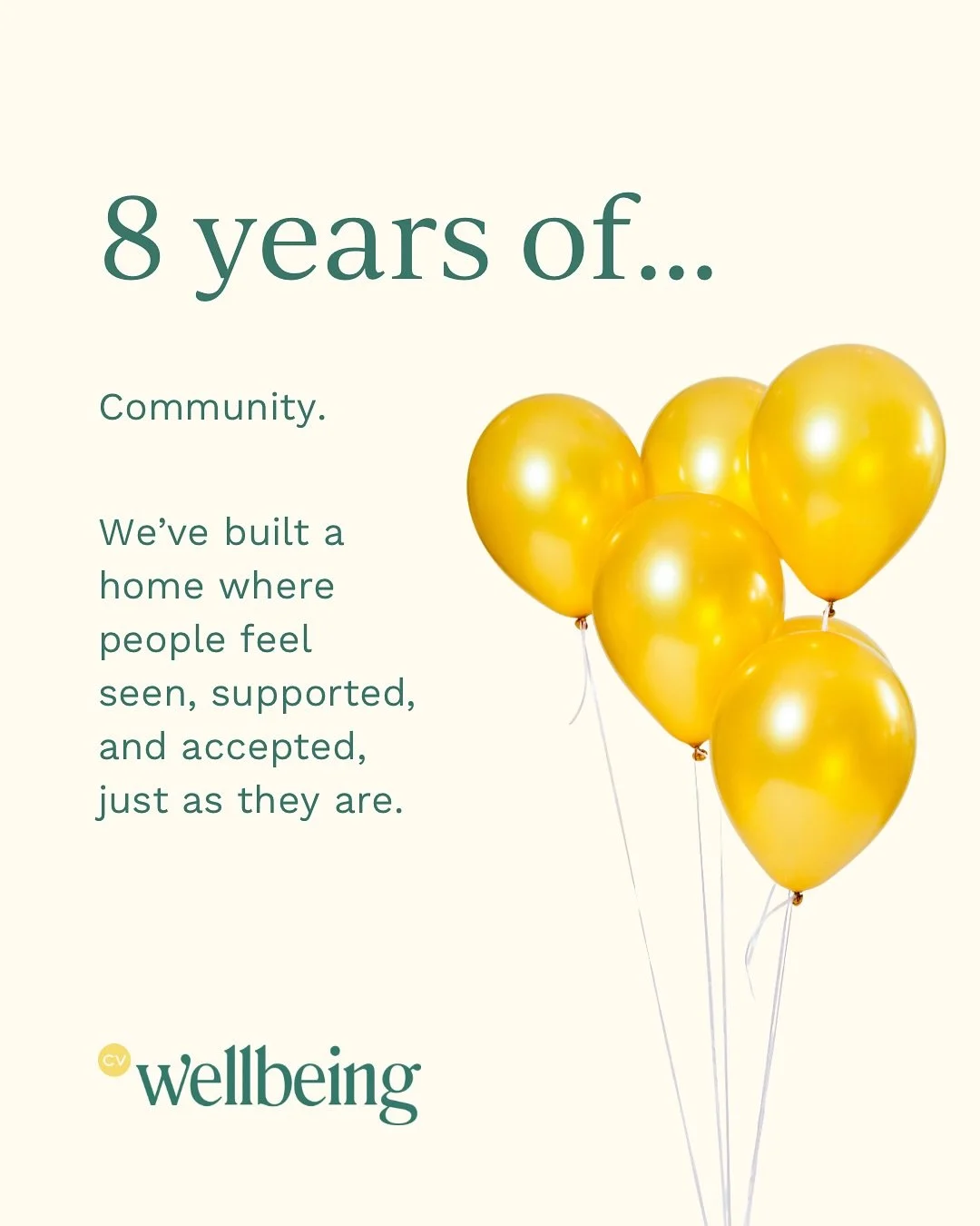 CV Wellbeing is officially 8 years old! 🎂

That&rsquo;s 8 years of community, compassion, and conversations that matter.
8 years of growth, advocacy, and learning together.
8 years of supporting people in all bodies to find peace with food and thems
