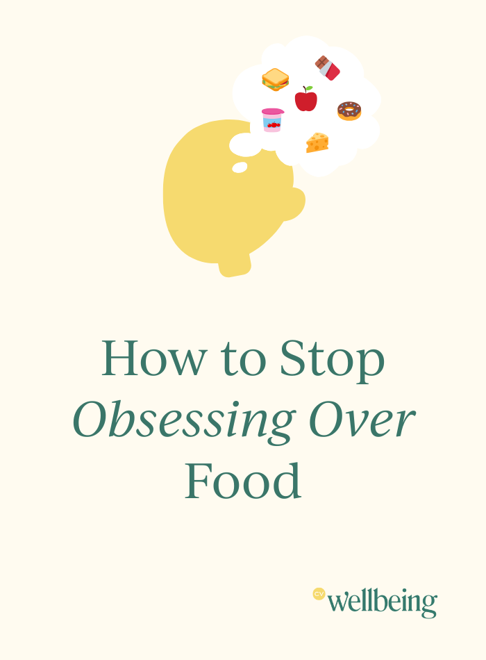 Illustration of a yellow head with a thought bubble containing food icons like a sandwich, apple, chocolate, donut, alongside the title "How to Stop Obsessing Over Food" from CV Wellbeing, promoting food freedom and reducing food noise