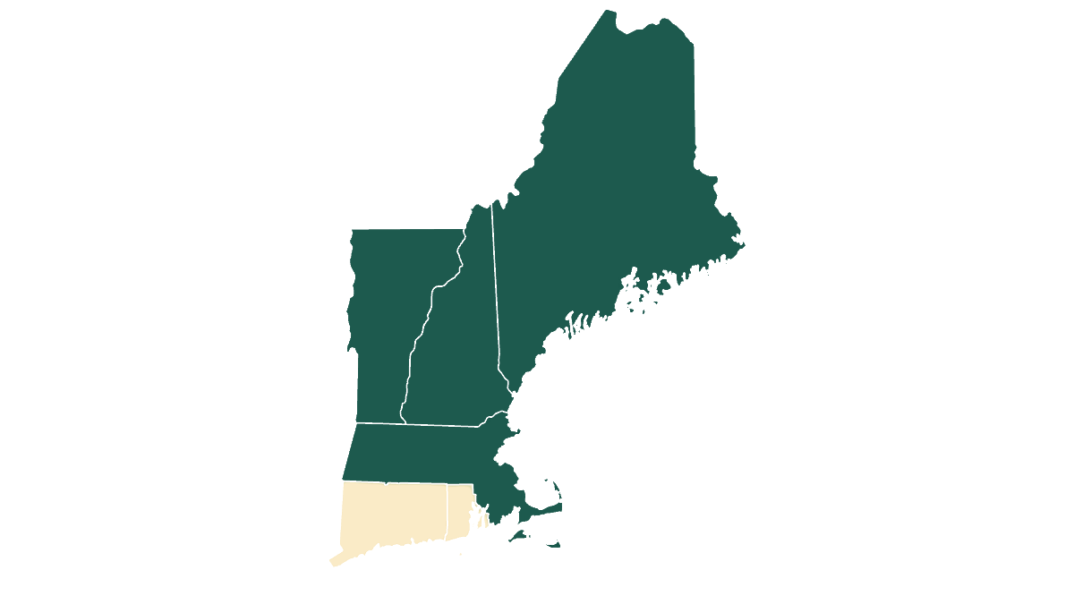 Map of CV Wellbeing dietitian nutritionists who can see counseling clients in Maine, New Hampshire, Vermont, and Massachusetts