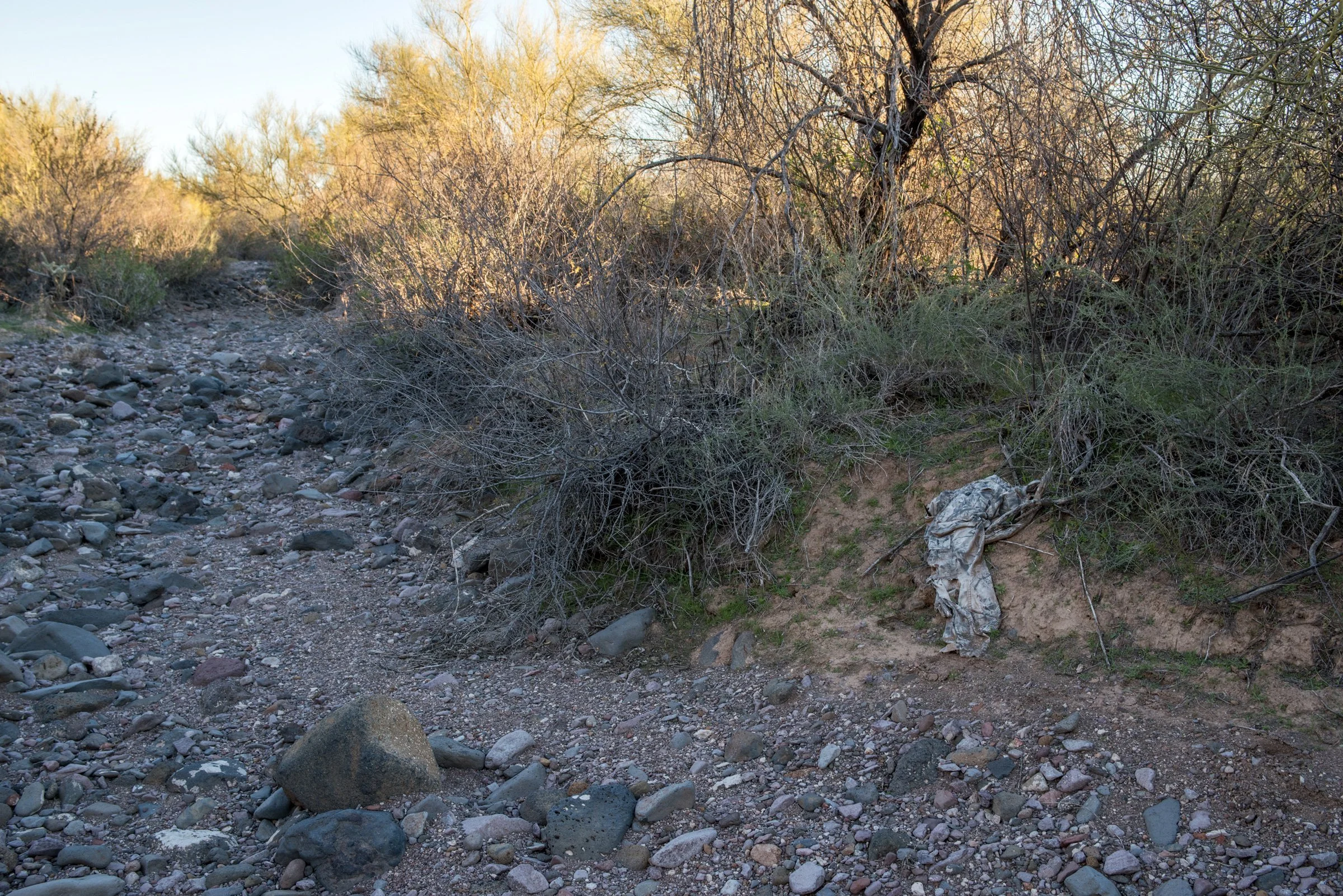  Camouflage clothing is often found along active migrant trails. Camo pants, shirts, and booties are sold in Mexican border towns, marketed to those planning to cross into the United States. 