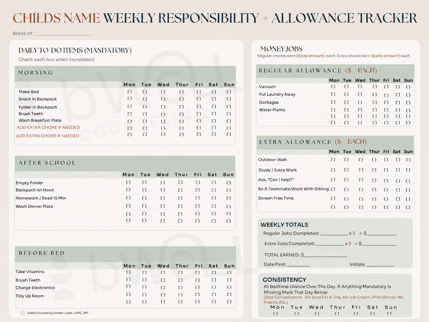 Child Weekly Responsibility + Allowance Tracker