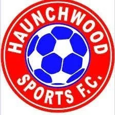 Logo of Haunchwood Sports F.C. featuring a blue and white soccer ball inside a red circle with white text.