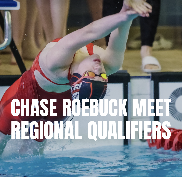 Swimmer in red swimsuit diving into a swimming pool during a meet, with text overlay reading 'Chase Roebuck Meet Regional Qualifiers.'