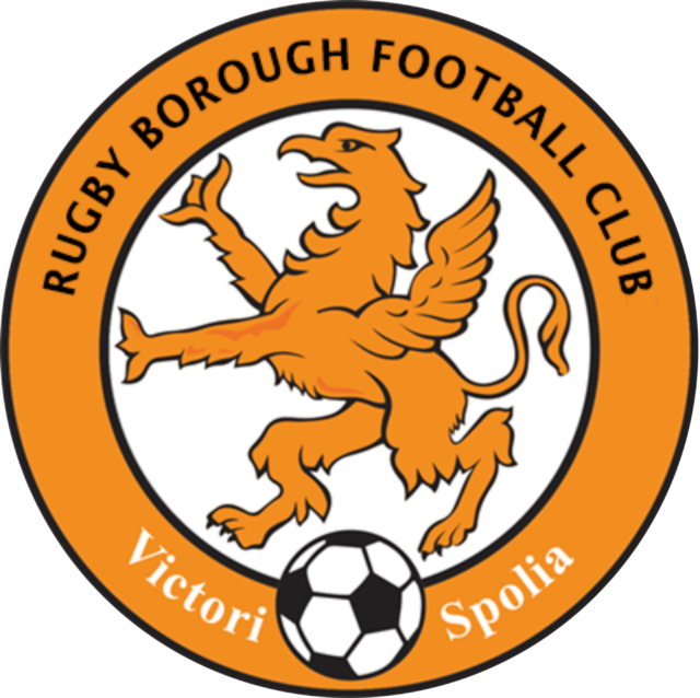 Logo of Rugby Borough Football Club featuring a lion, a soccer ball, and the words 'Rugby Borough Football Club' with the motto 'Victori Spolia'.