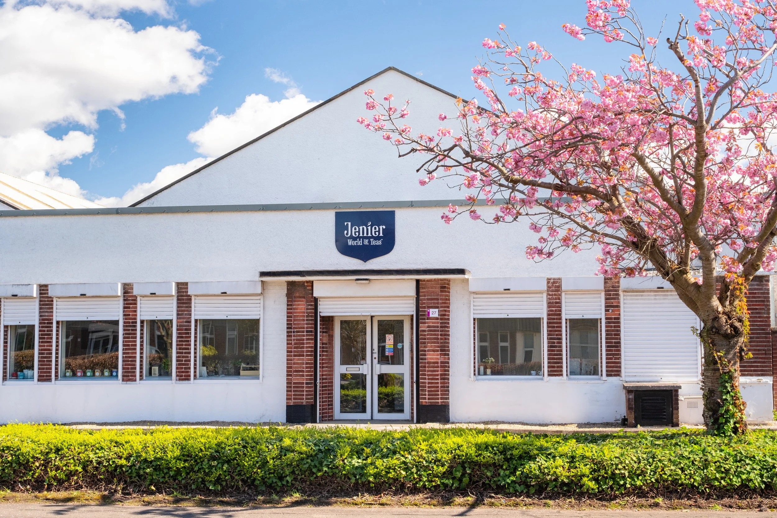 A white building with a blue sign that reads 'Jenier World of Teas' in front of a pink flowering tree during the daytime with a blue sky and some clouds.