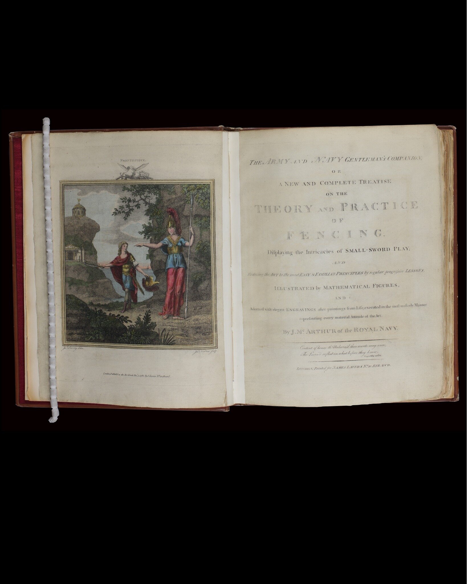 McArthur - The Army and Navy Gentleman's Companion

A first edition copy of The Army and Navy Gentleman's Companion; or A New and Complete Treatise on the Theory and Practice of Fencing. Printed in 1780. This copy has hand coloured engravings and fro
