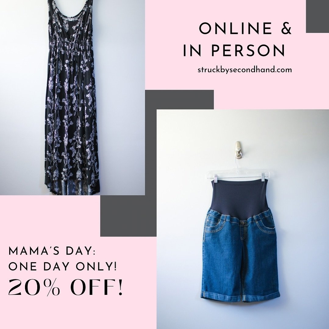 Use code &ldquo;MAMASDAY20&rdquo; TODAY ONLY, at checkout to claim!

😍The entire site, including clearance (and that stuff is already all $10 or less) is 20% off to celebrate YOU today! 

The discount also applies to in-person shopping both here at 