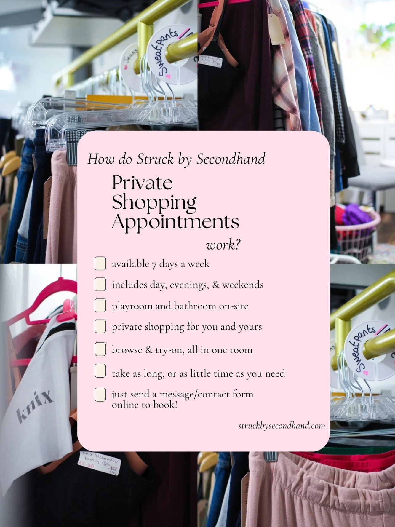 Just shoot me a message, and let me know when you’re coming over for your personal shopping appointment, mama! 
😉Yep, it’s that simple. 
Shop online. Pick-up. Or in person. 
❤️Because shopping the way you want, is just what mama deser