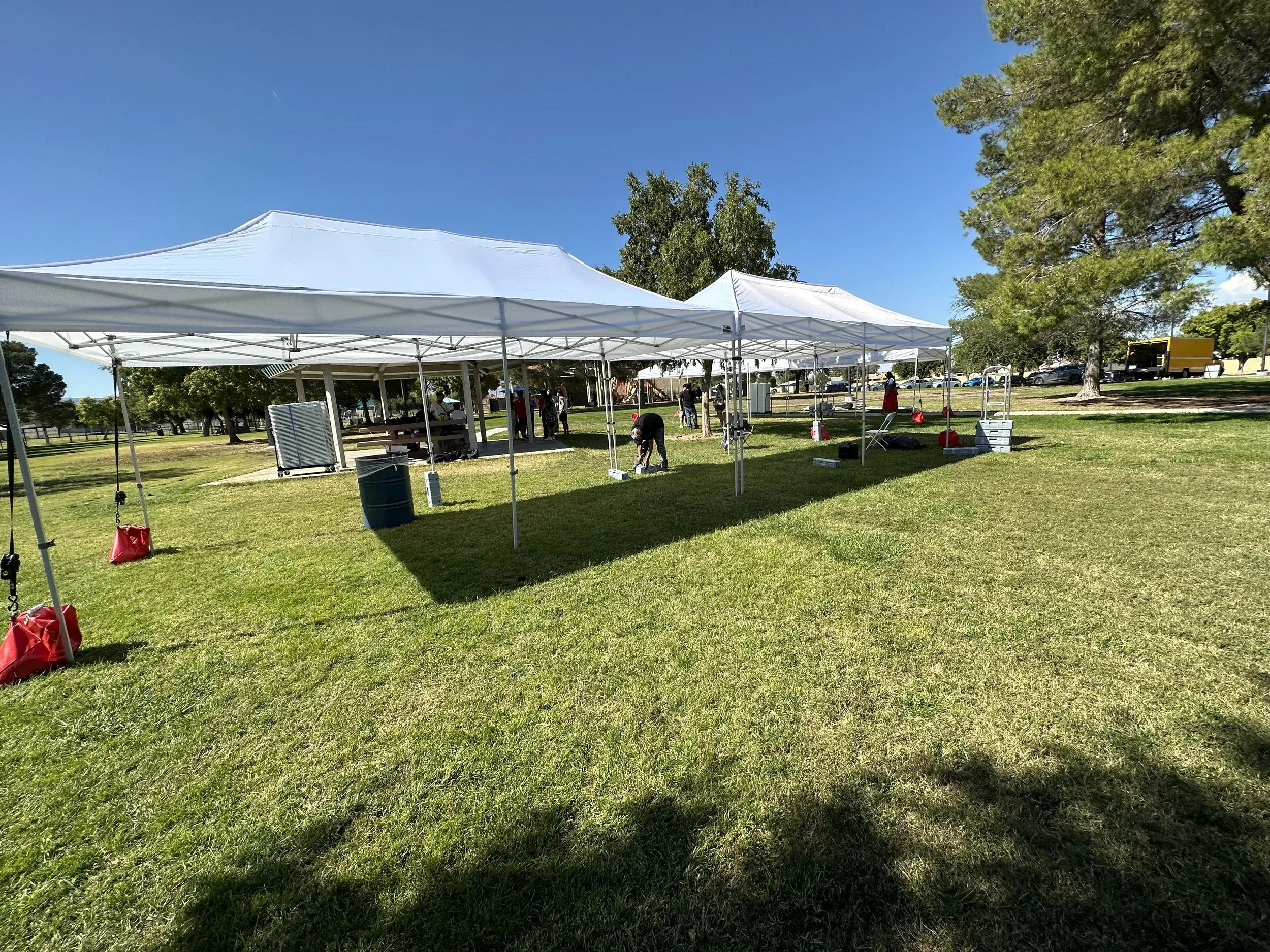Outdoor park scene with multiple white tents, people setting up, trees, and a grassy area under a clear blue sky.