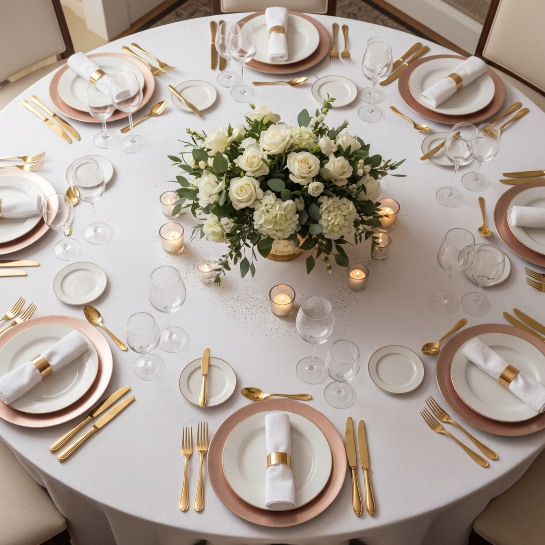 Professional tabletop rentals including dinnerware, glassware, and flatware for events