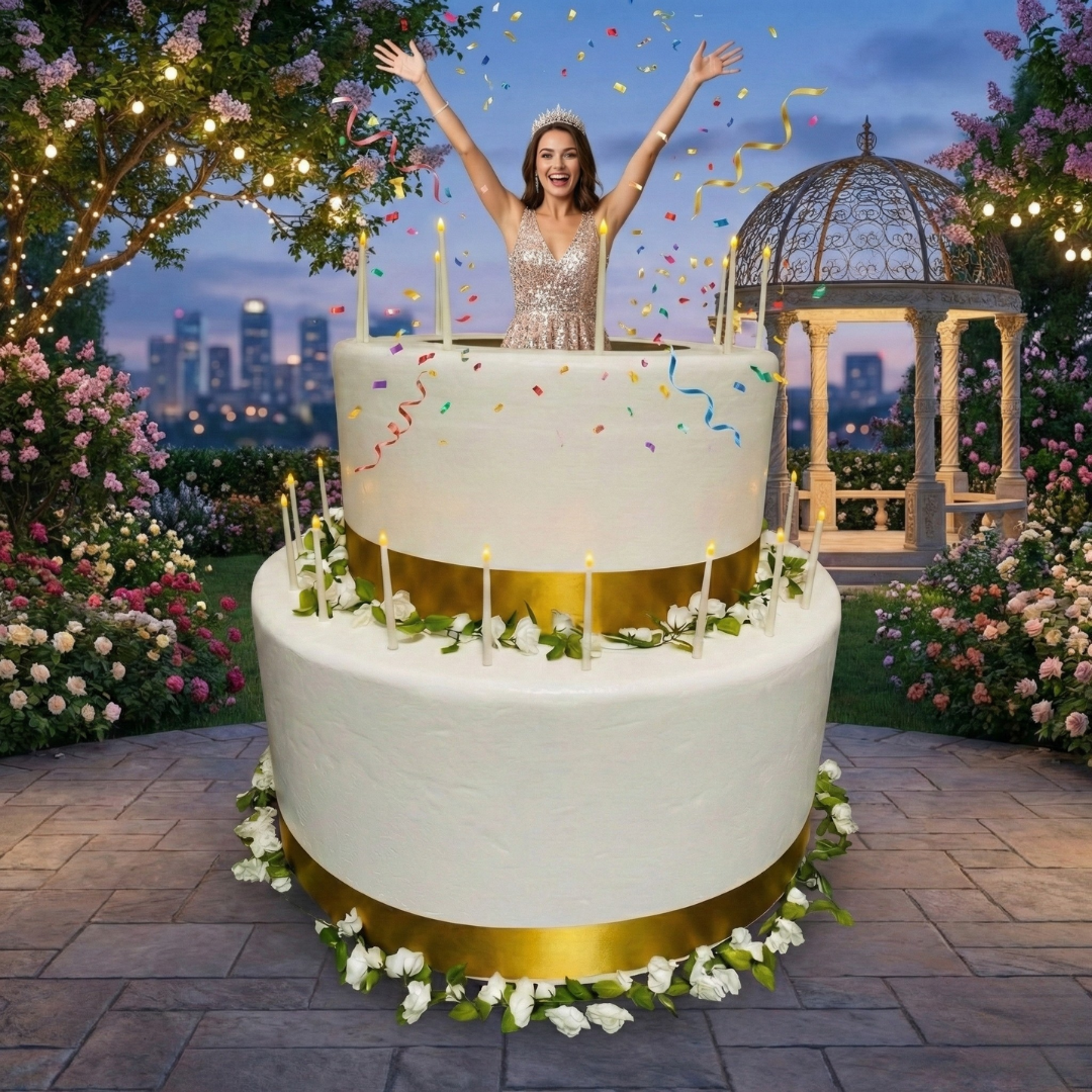 6ft Pop-Out Birthday Cake Prop from Posh Express Rentals in Las Vegas. Premium party rentals and Event Rentals for surprise birthdays and unique celebration centerpieces.