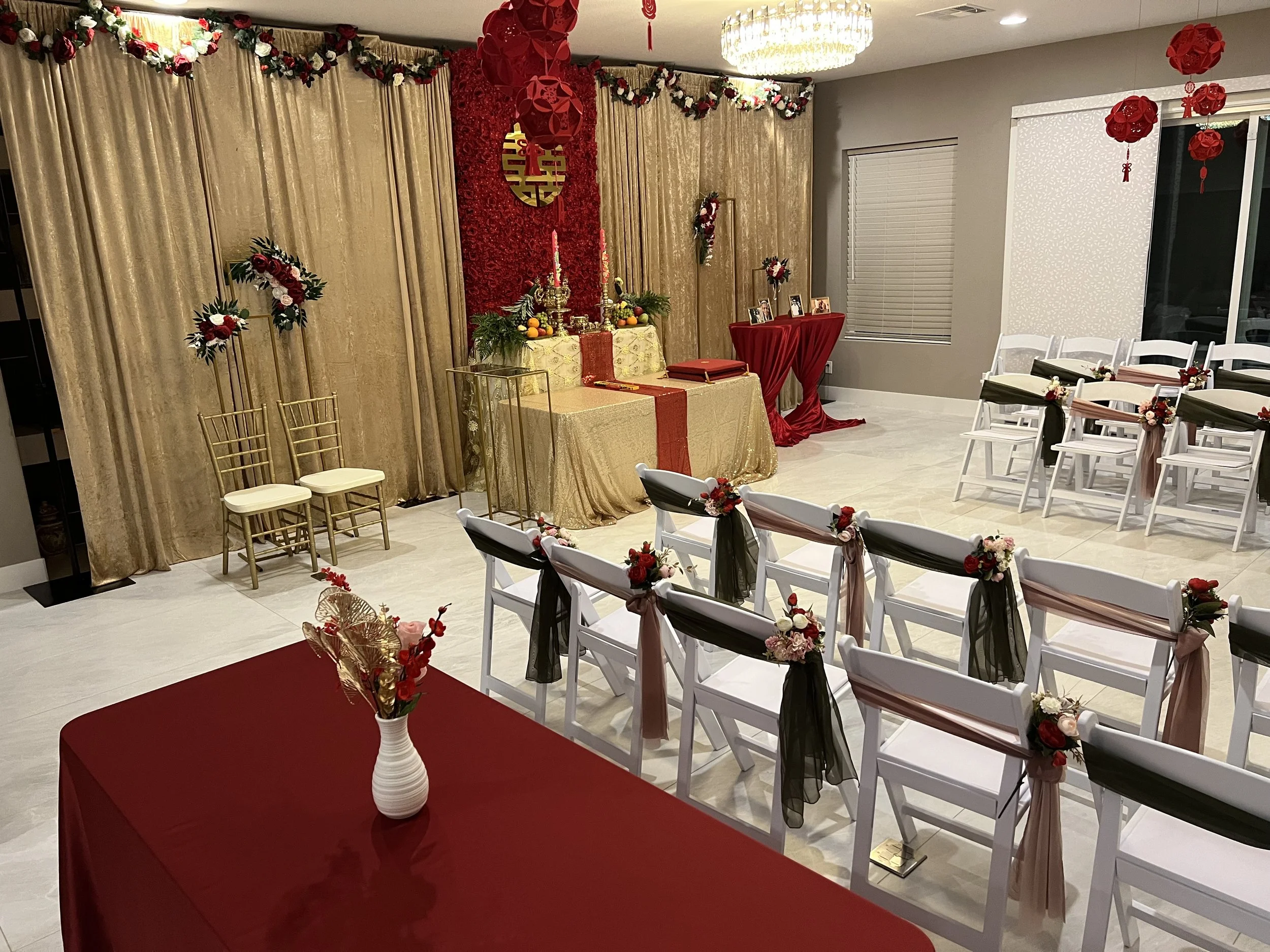 Chinese wedding ceremony setup with chairs and decorations