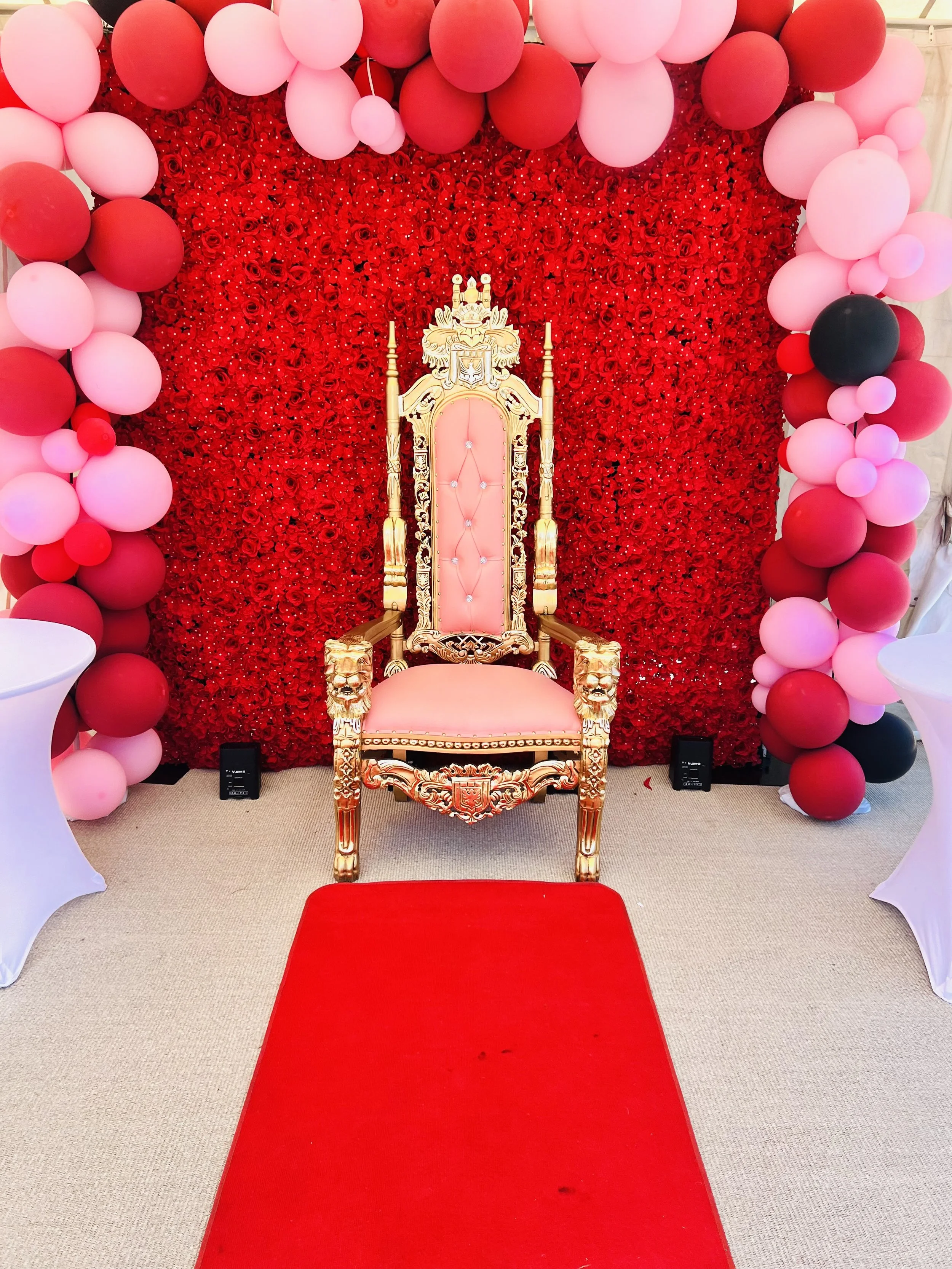 Luxurious gold throne chairs for elegant wedding ceremonies, special event seating, and upscale party rentals available for reservation
