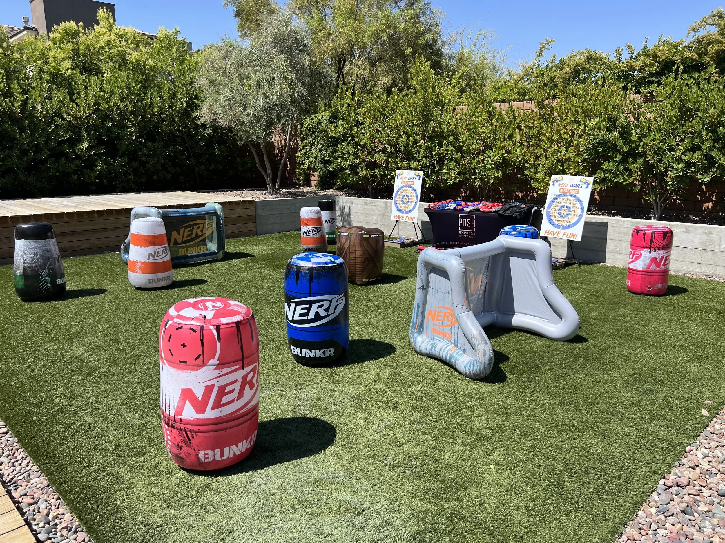 Posh Express Rentals Nerf Wars mobile setup for high-energy party rentals and event rentals in Las Vegas. Perfect for birthdays, team building, and outdoor fun.