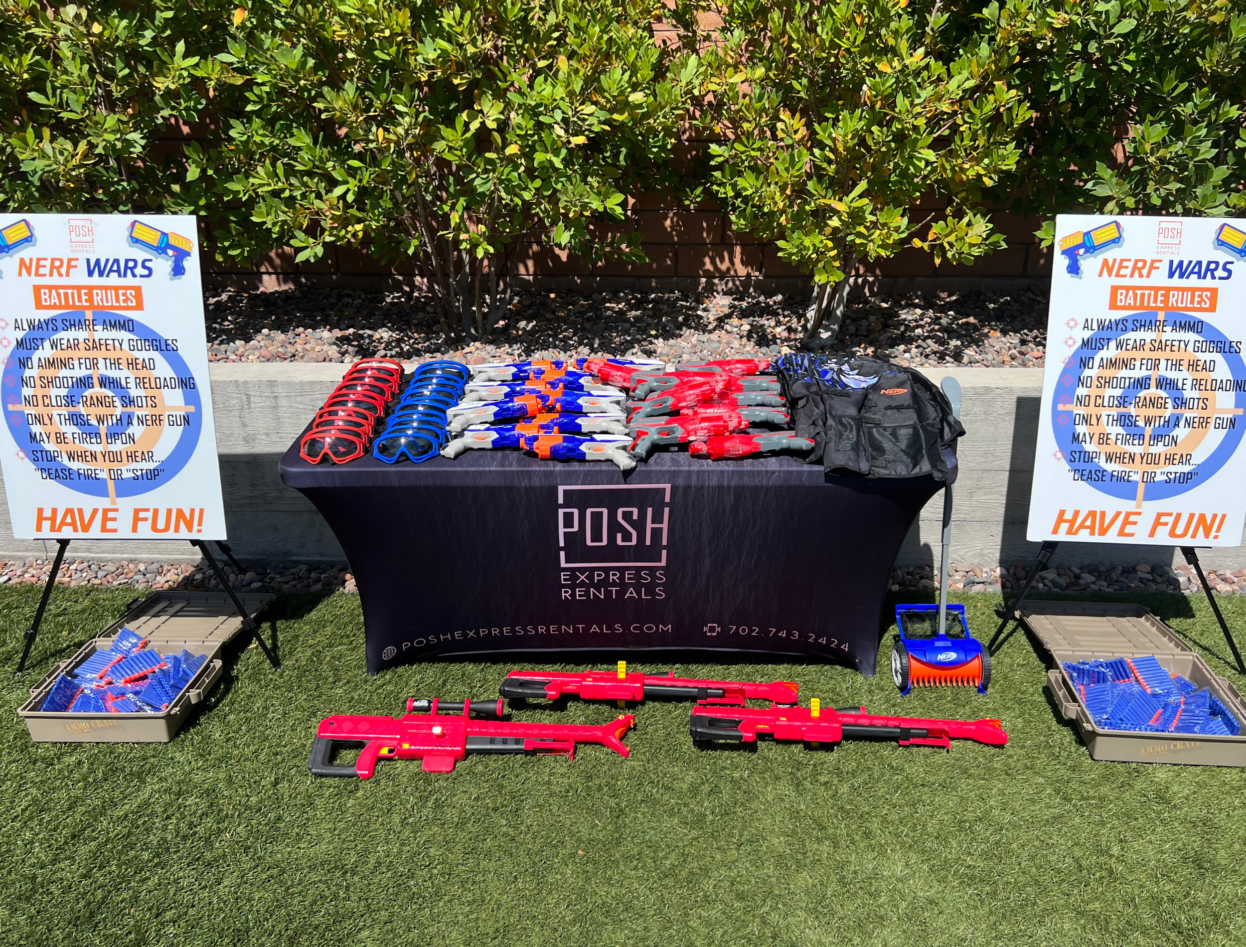 Mobile Nerf war party rentals with inflatable bunkers and foam dart blasters