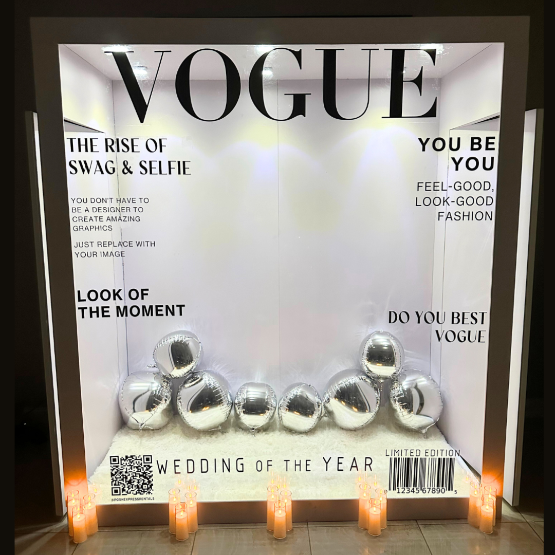 Luxury magazine-style photo booth experience for wedding memories from top Las Vegas party rentals, creating glamorous professional-quality keepsakes for guests