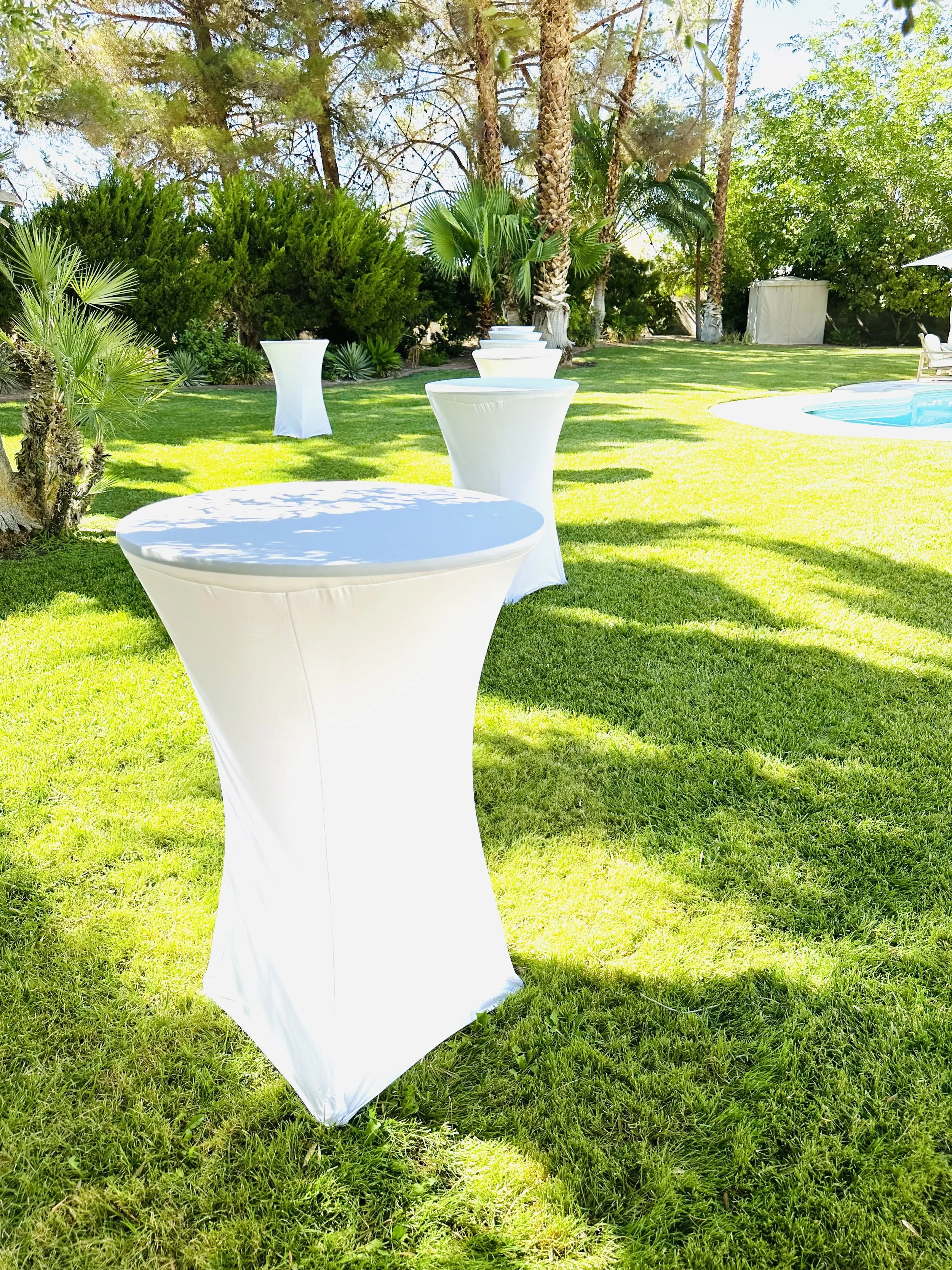 Outdoor garden setting with cocktail tables and trees