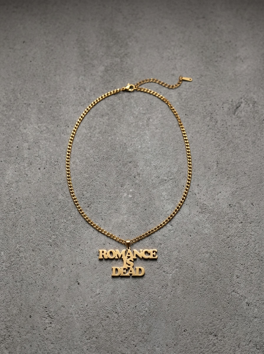 ROMANCE IS DEAD NAMEPLATE NECKLACE