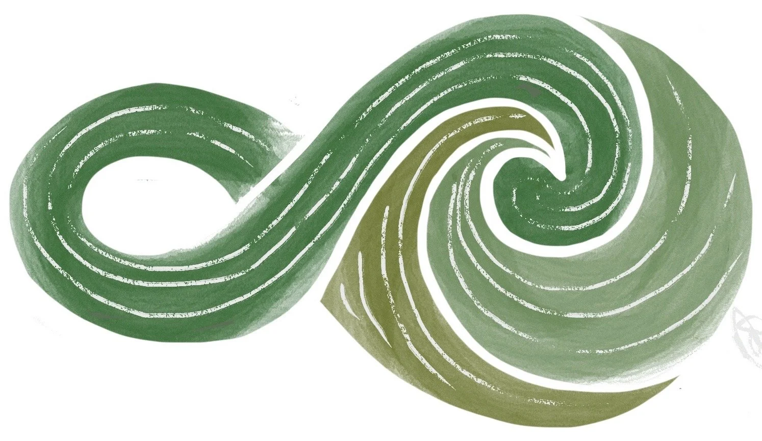 Abstract green and white swirl pattern resembling a stylized infinity symbol or abstract art piece.
