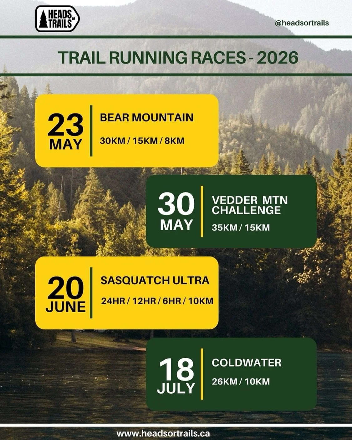 π₯ 2026 Trail Running Races! π
Here are the Heads or Trails 2026 trail running race dates! So rally your crew, and start training for another year of unforgettable adventures on BC’s best trails ποΈ
Which race are you tackling next year? π