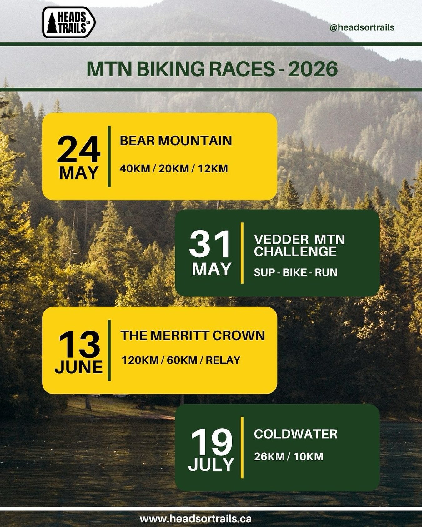π₯ 2026 Mtn Bike Races π
Here are the Heads or Trails 2026 mtn bike race dates. So rally your fellow bikers, and start training for another year of unforgettable adventures on BC’s best trails ποΈ
Which race are you tackling next year? π