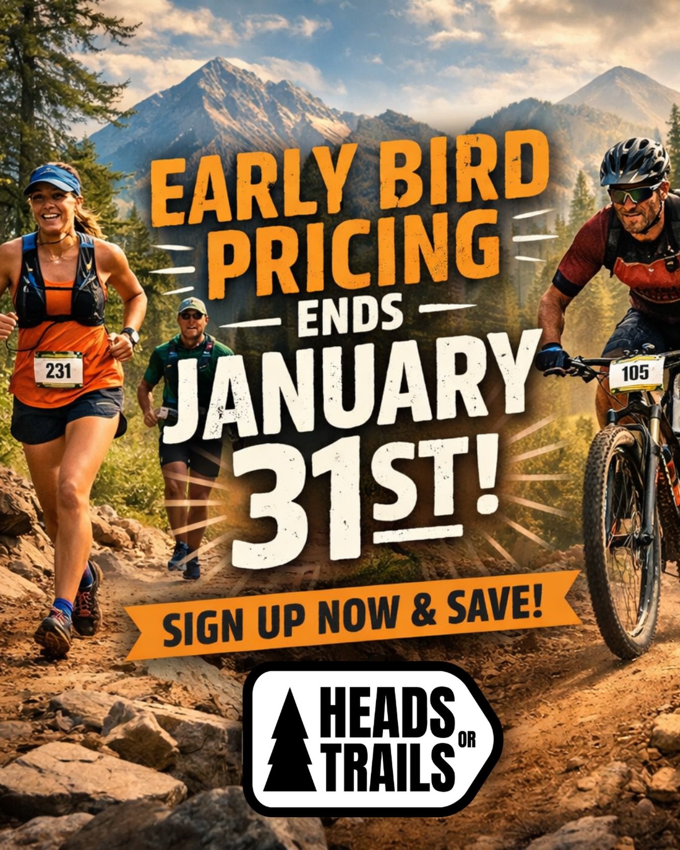 🚨 LAST CALL 🚨

Early bird pricing for @headsortrails races ENDS JAN 31ST. After that, prices go up.

If racing this year is even a maybe, this is your sign.
Lock it in now. Save money. Thank yourself later.

🔥 Lowest prices of the year
🔗 Link in 