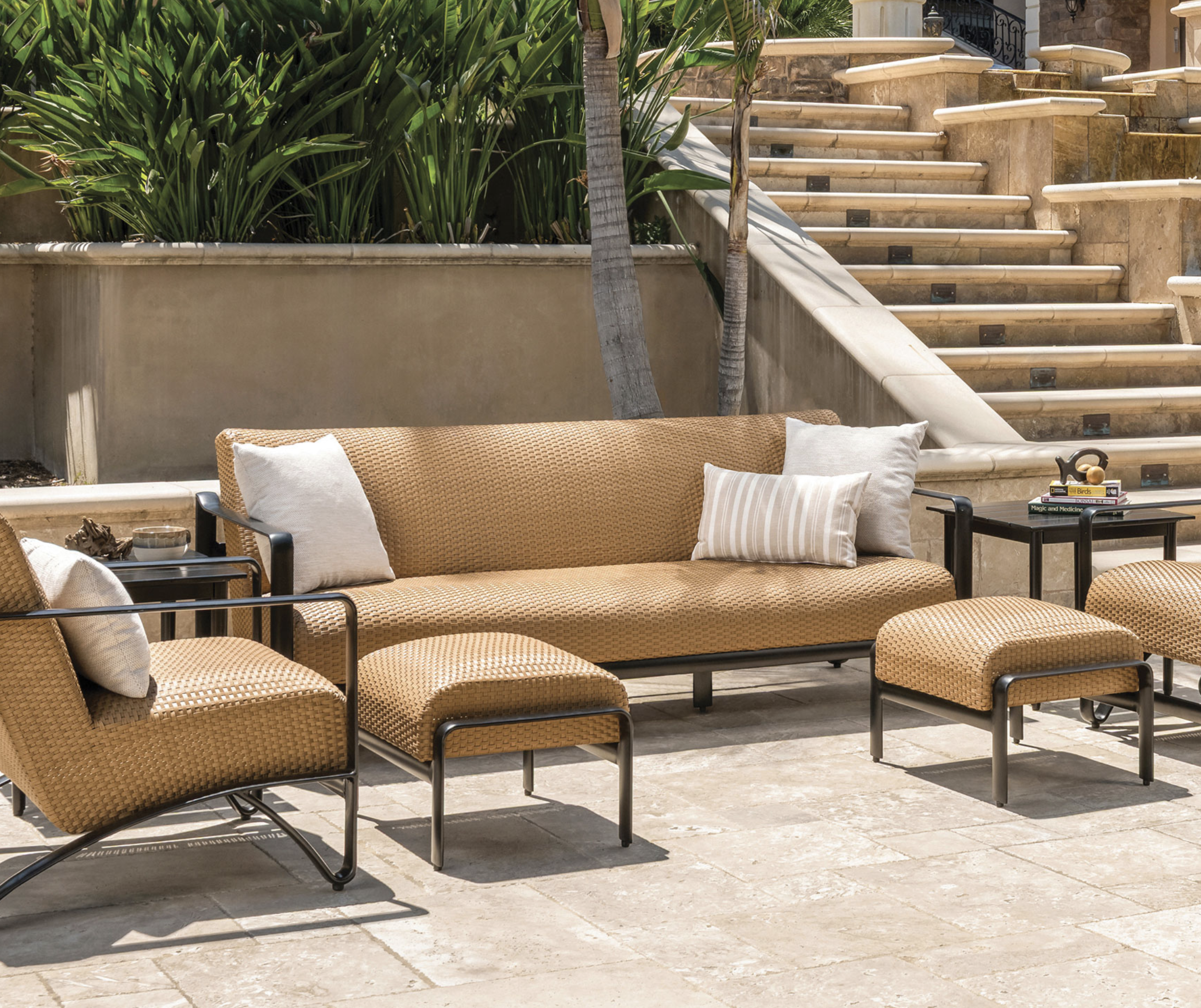 Gensun Cruz Deep Seating featuring an orange-tan cushion and simple dark aluminum frame available now at bucks country gardens