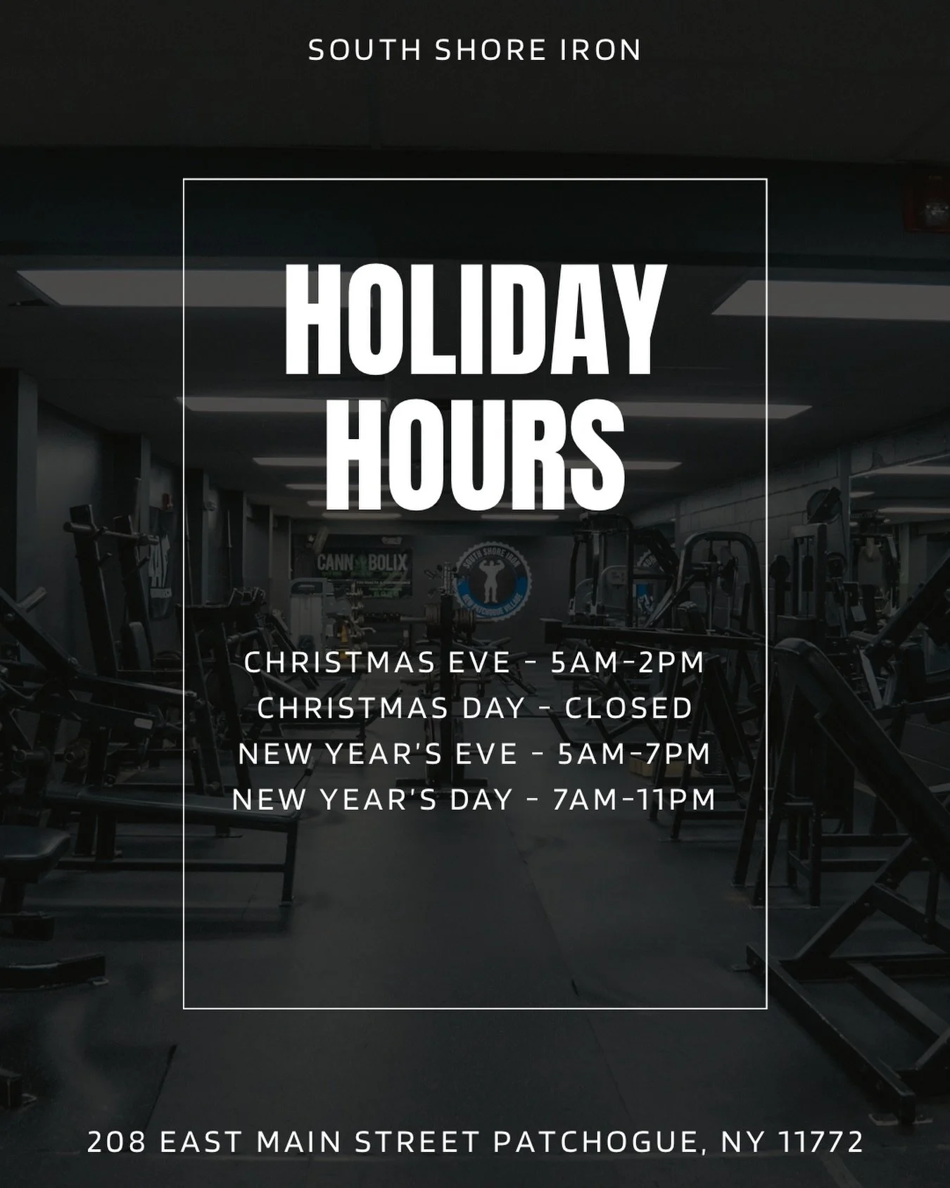 South Shore Iron &ndash; Holiday Week Hours 🎄

We&rsquo;ll be pinning our holiday hours for the week, please plan accordingly!

Christmas Eve: 5:00 AM &ndash; 2:00 PM
Christmas Day: CLOSED
New Year&rsquo;s Eve: 5:00 AM &ndash; 7:00 PM
New Year&rsquo