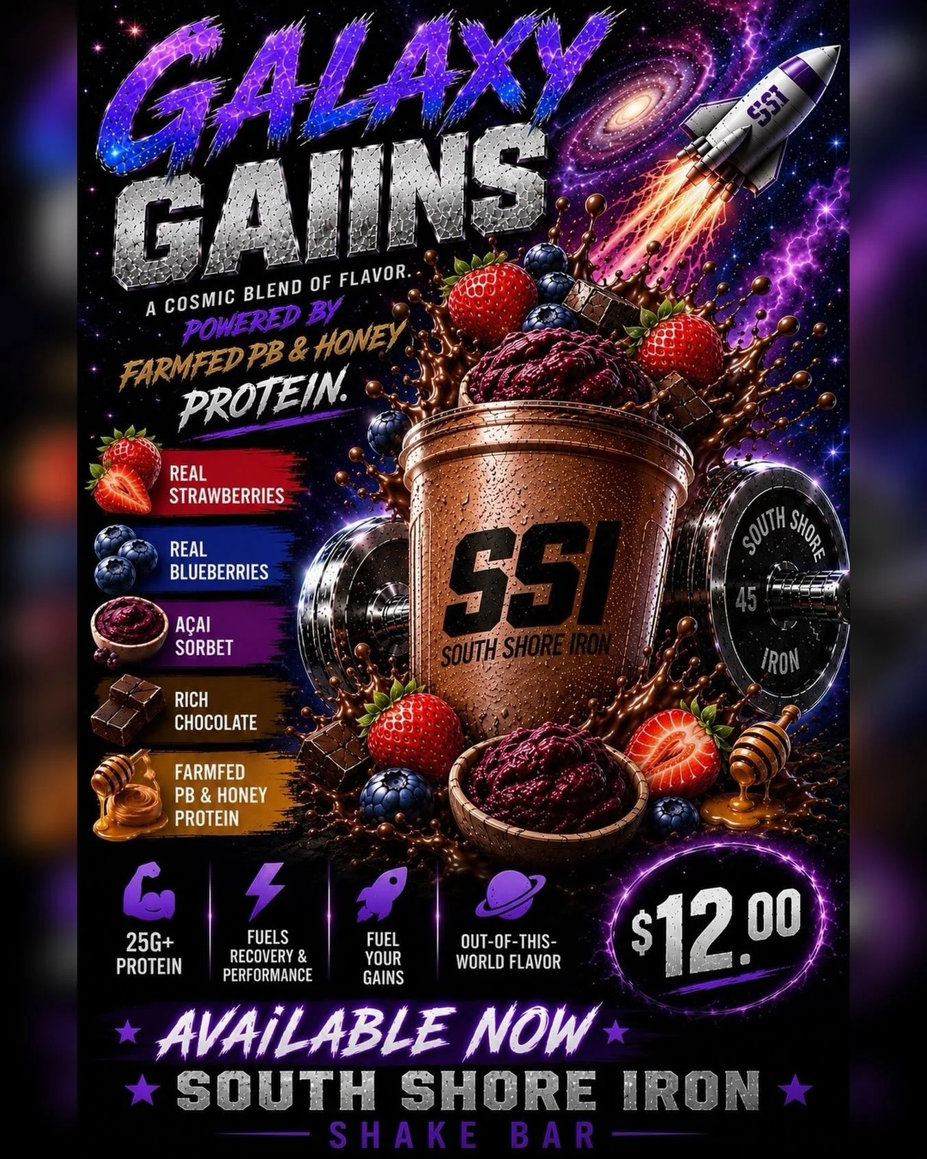 🌌 NEW SHAKE ALERT: GALAXY GAINS 🌌

Blast off with our newest creation from the South Shore Iron Shake Bar.

🍓 Real Strawberries
🫐 Real Blueberries
🍇 Acai Sorbet
🍫 Rich Chocolate
🥜 Farm Fed PB &amp; Honey Protein

The perfect combination of swe
