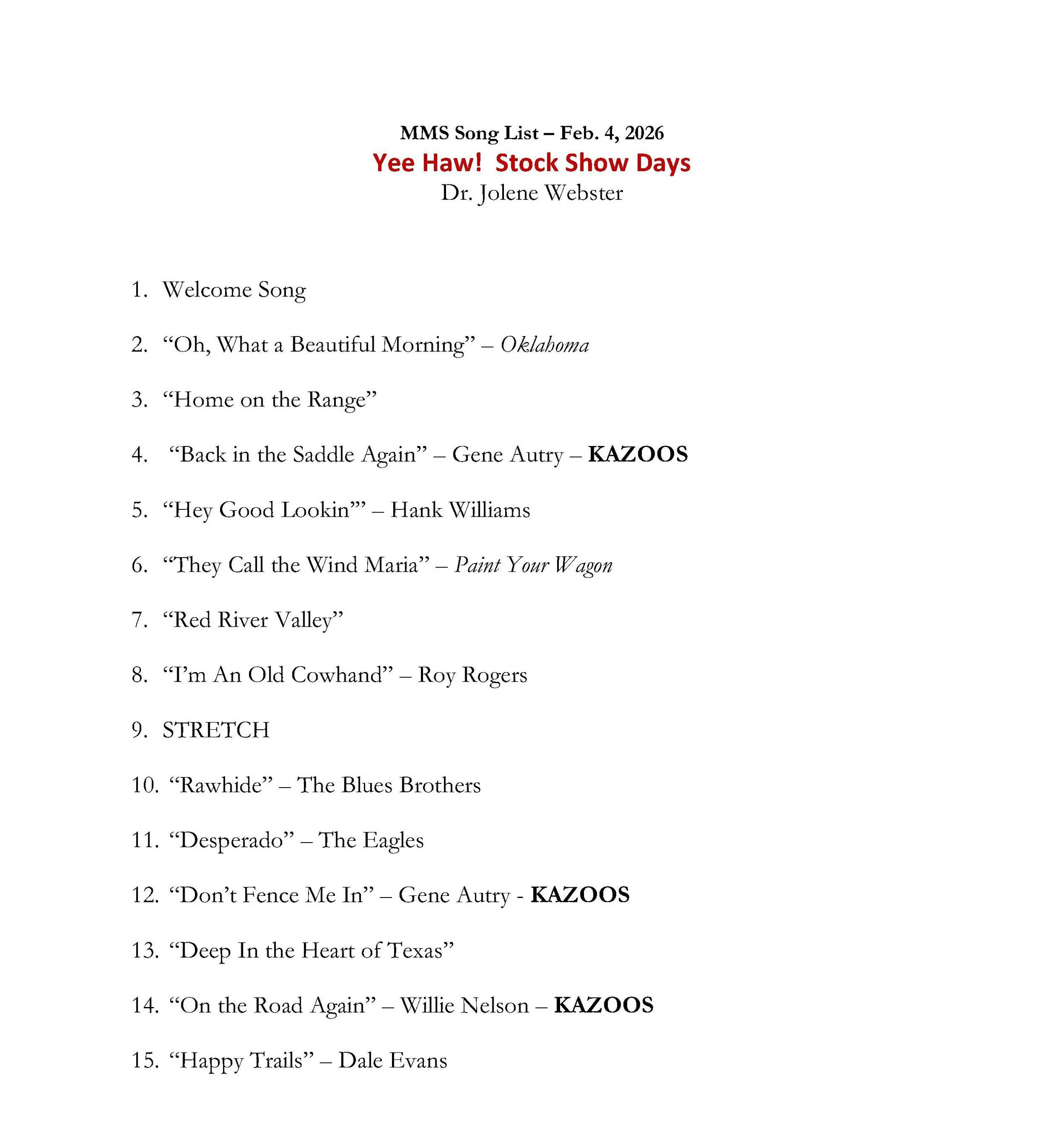 20260205  Yee Haw! Stock Show Days song list