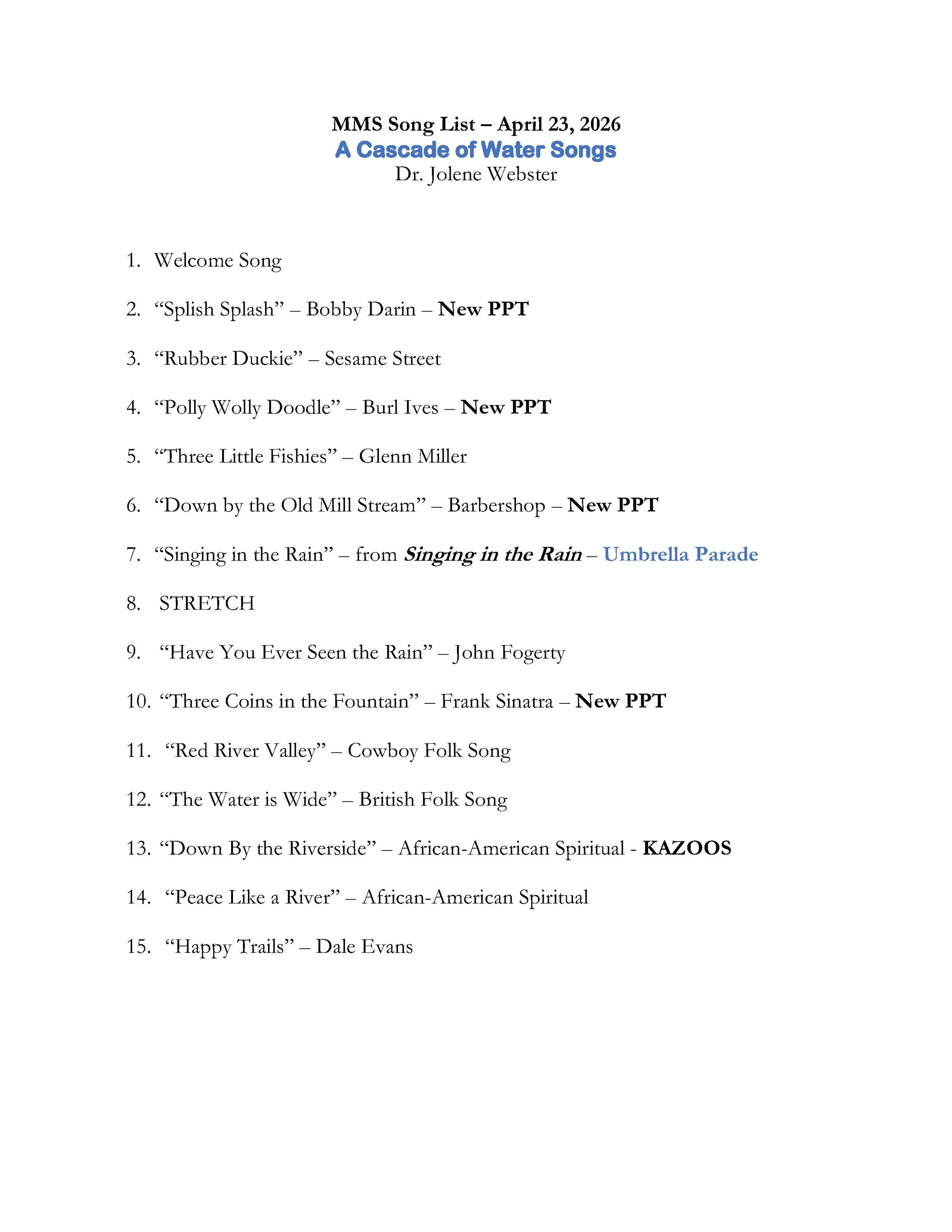 20260423 - A Cascade of Water Songs - song list