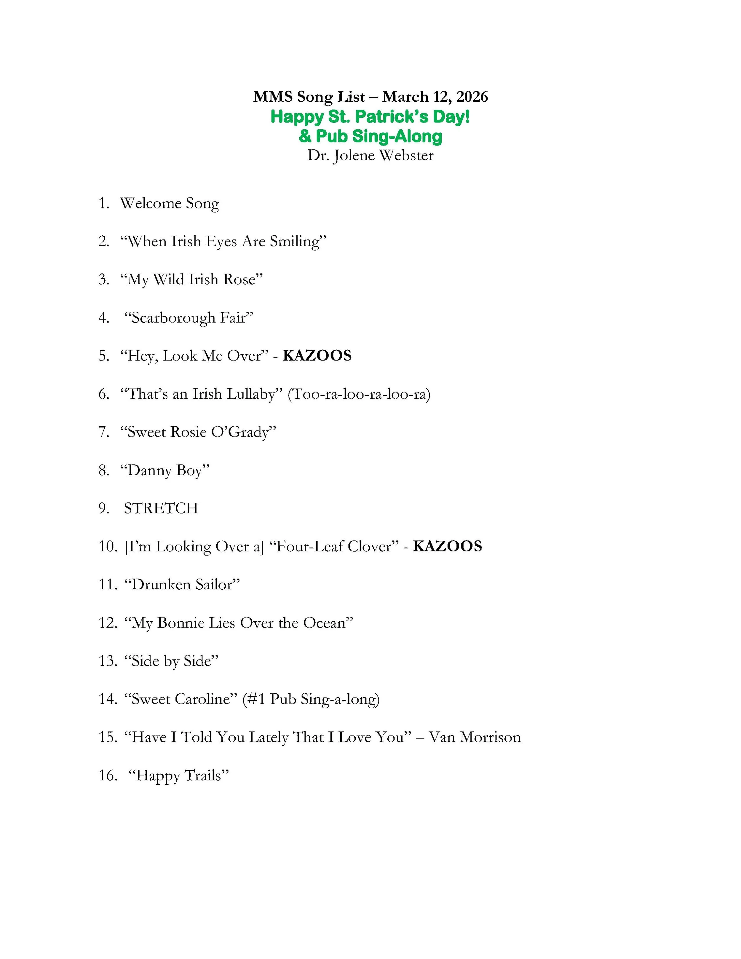 20260312 - Happy St. Patrick's Day song list