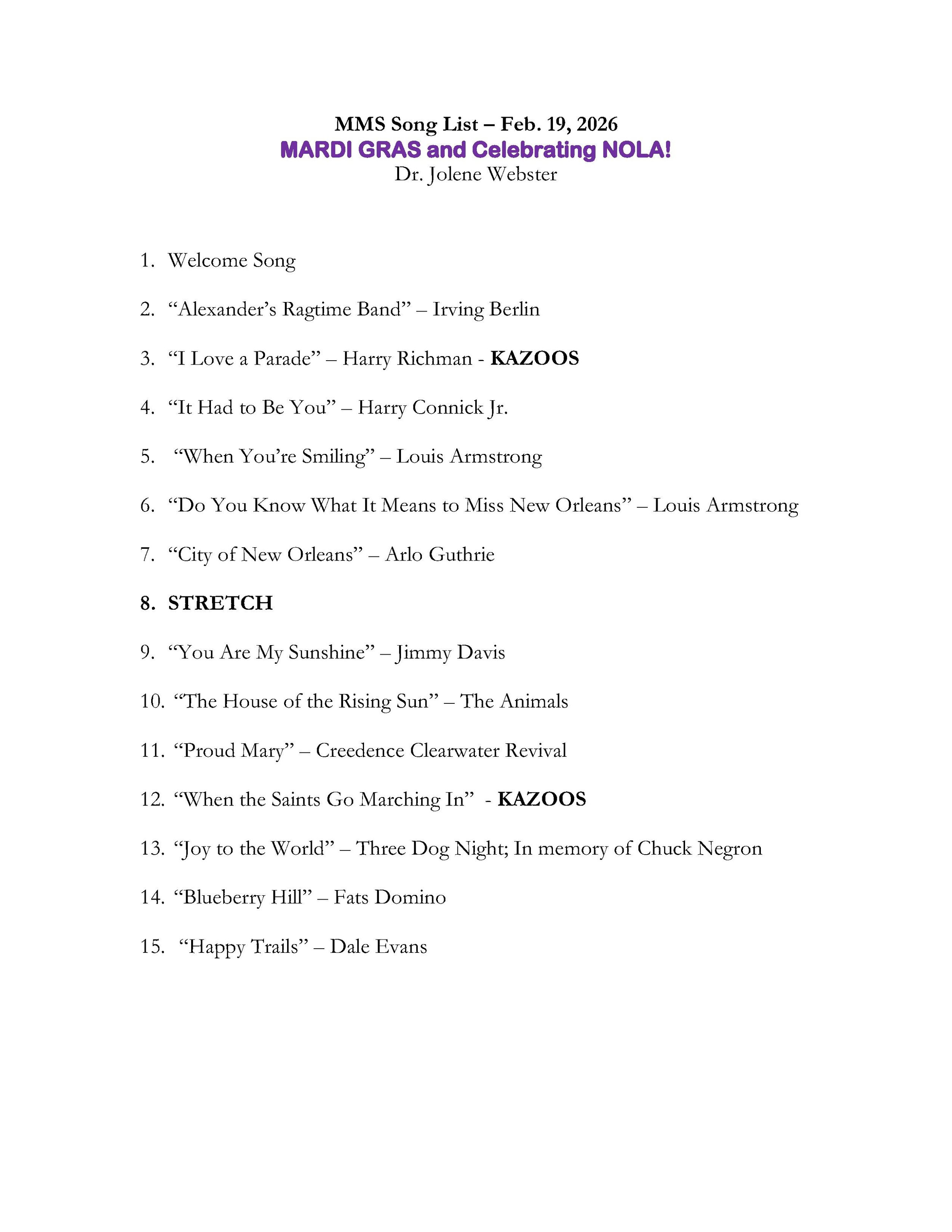 20260219 - Celebrating Mardi Gras and New Orleans song list