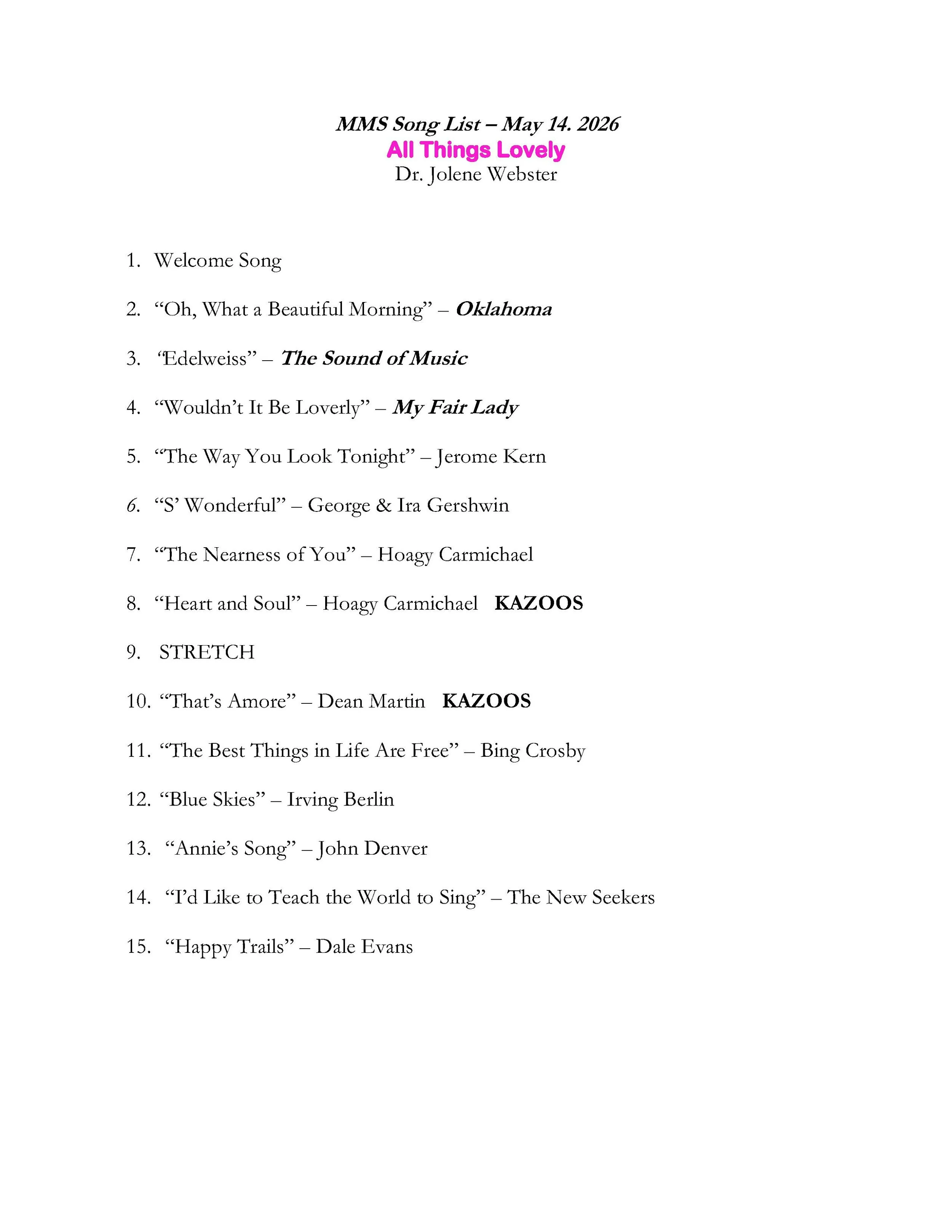 20260514 - All Things Lovely - song list