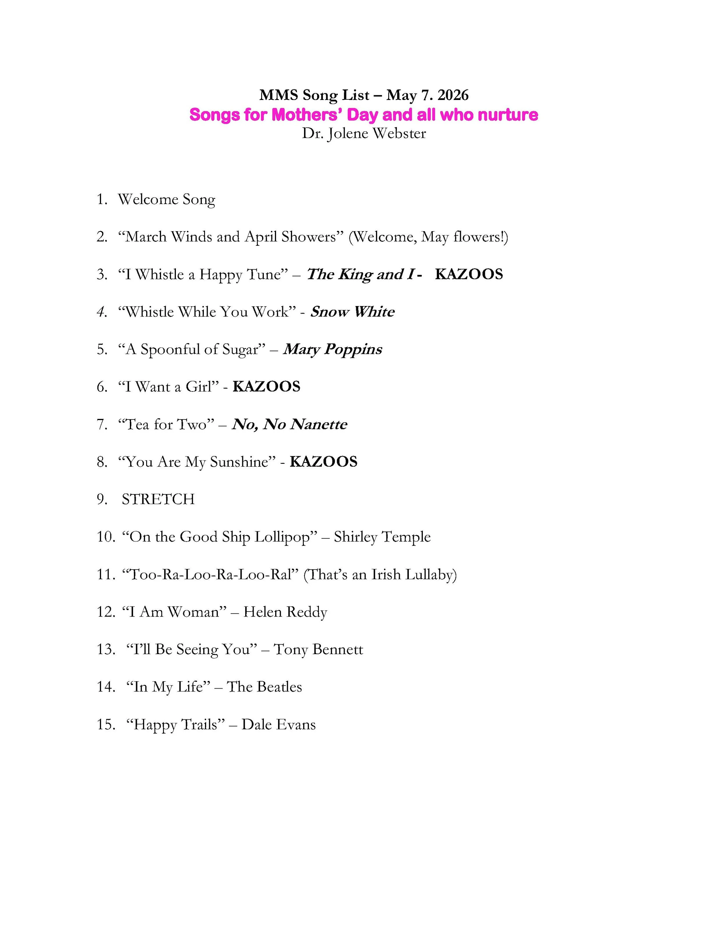 20260507 - Songs for Mothers' Day and all who nurture - song list
