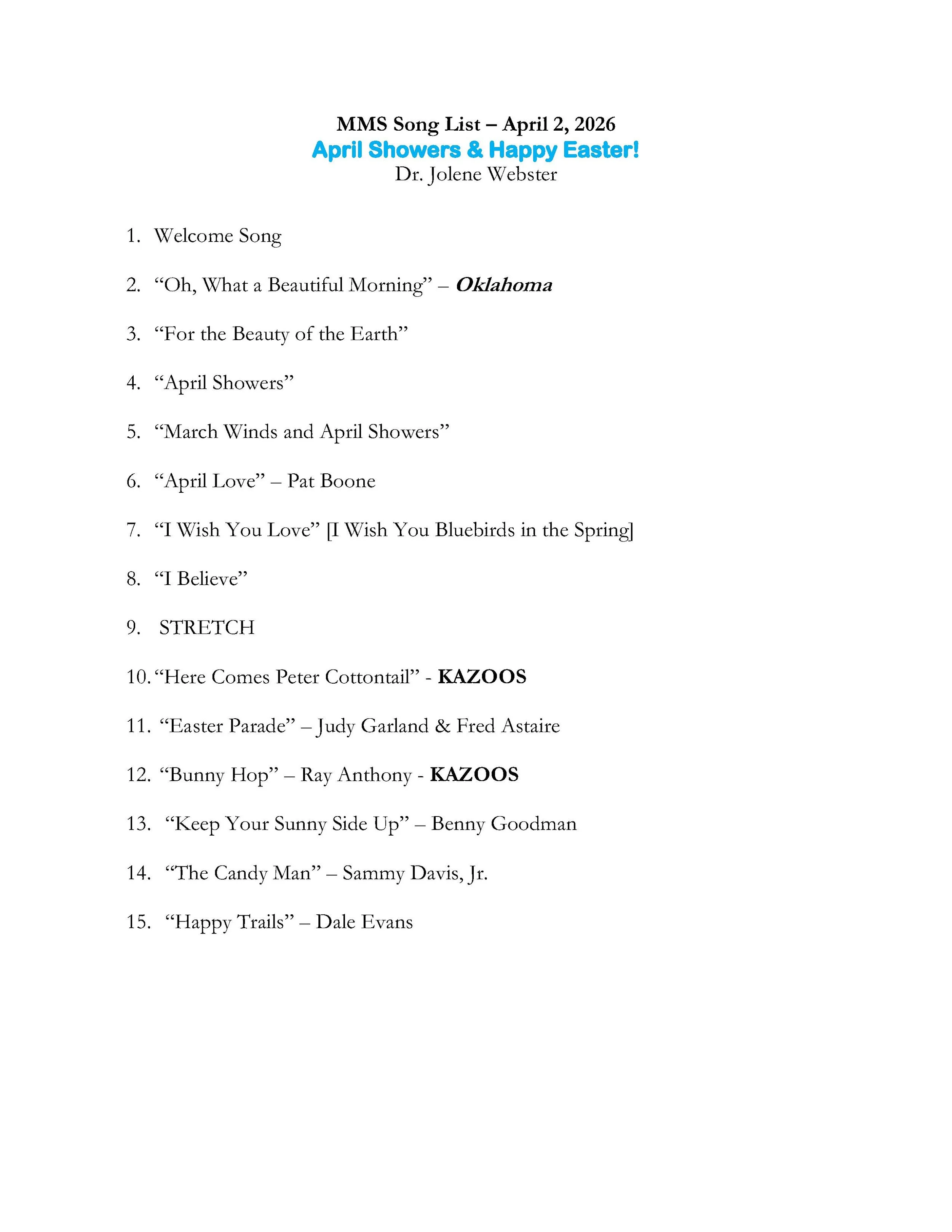 20260402 - April Showers and Happy Easter song list