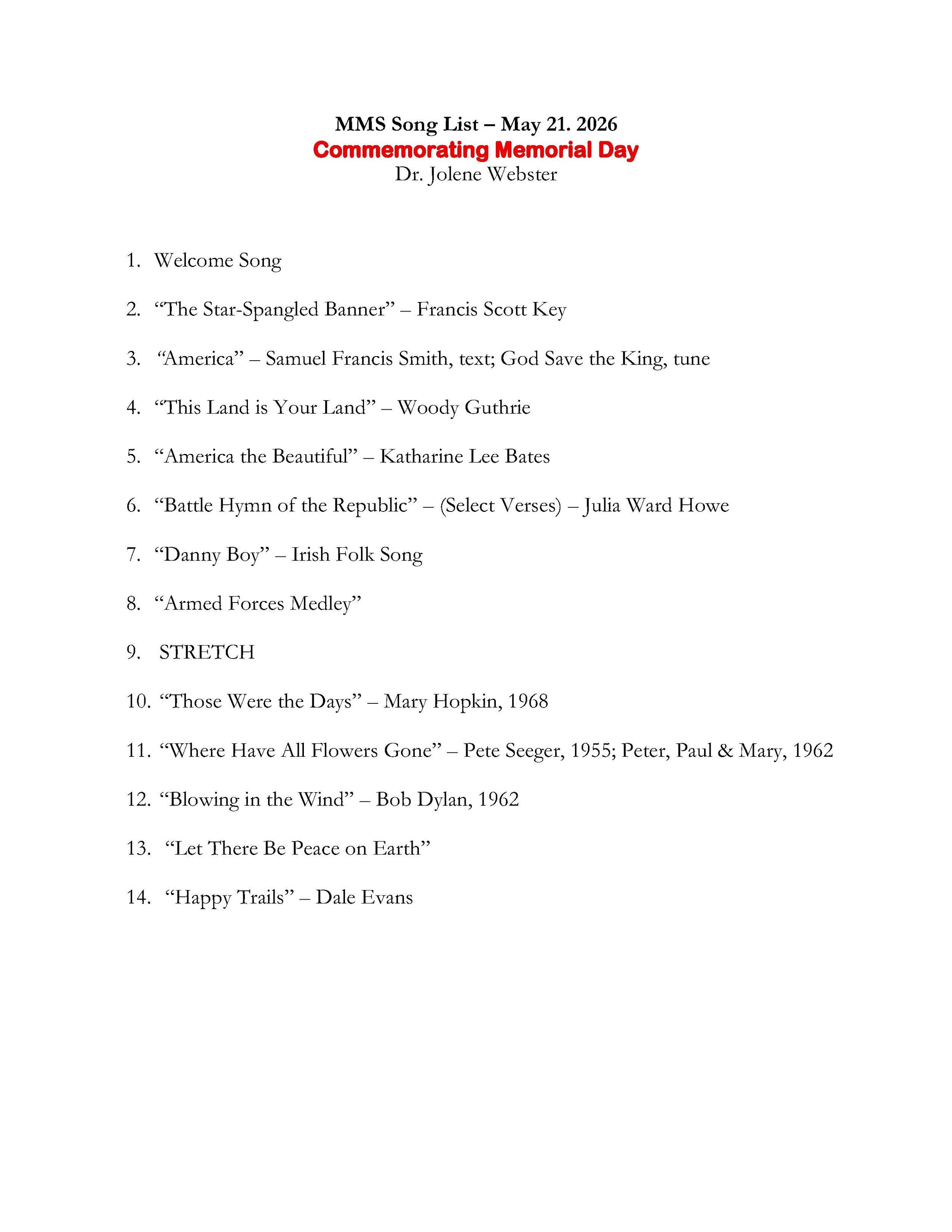 20260521 - Commemorating Memorial Day - song list