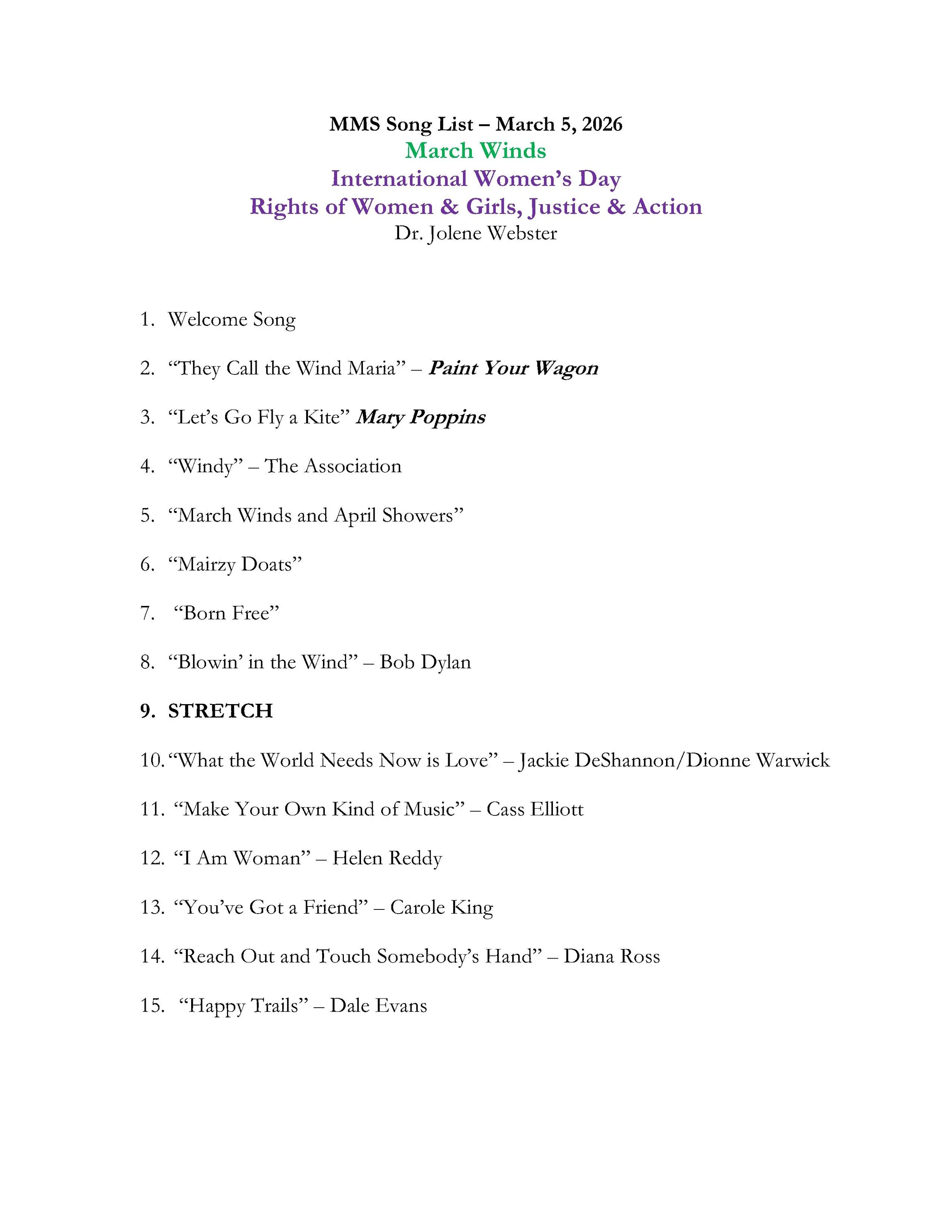 20260305-Song list - March Winds and International Women's Day
