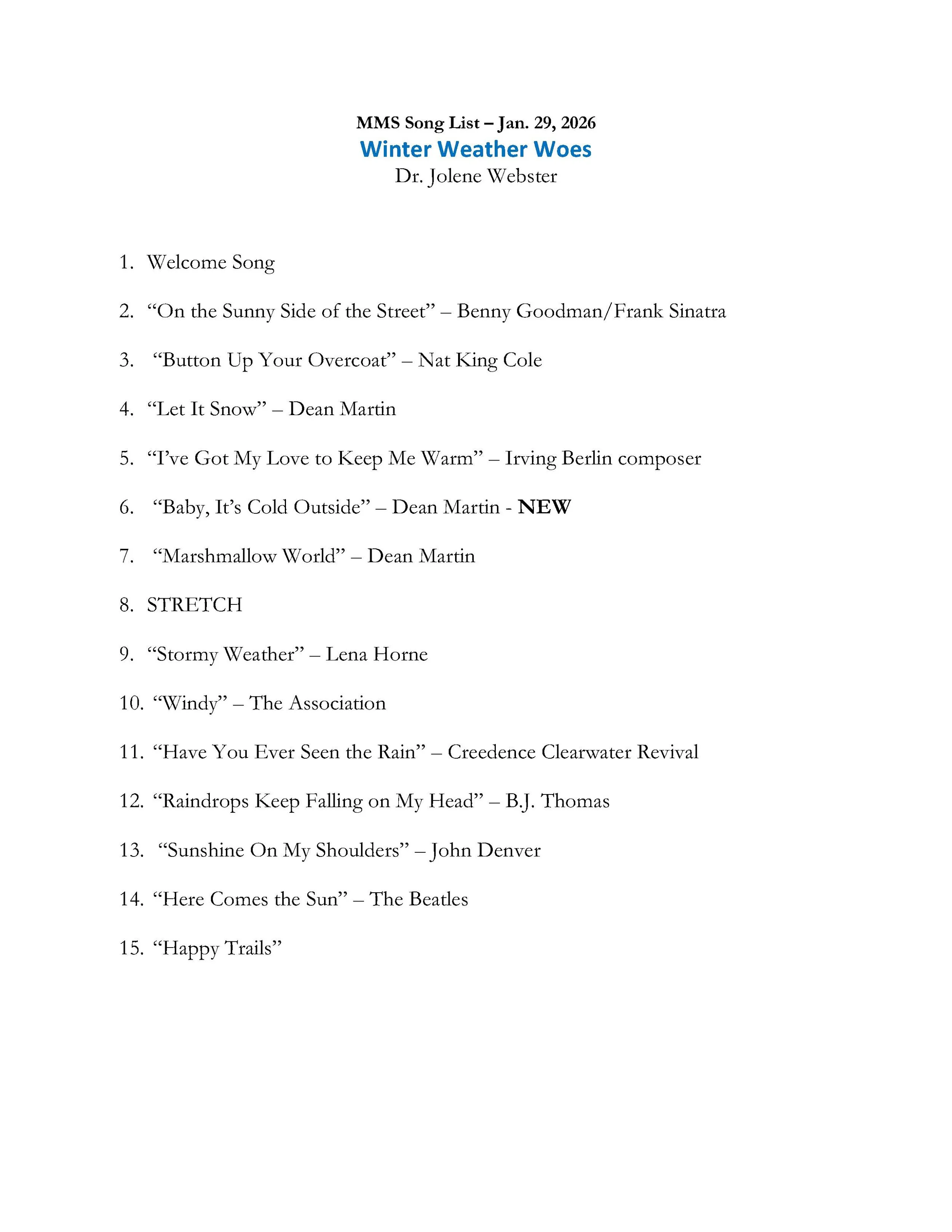 20260129 - Winter weather woes song list
