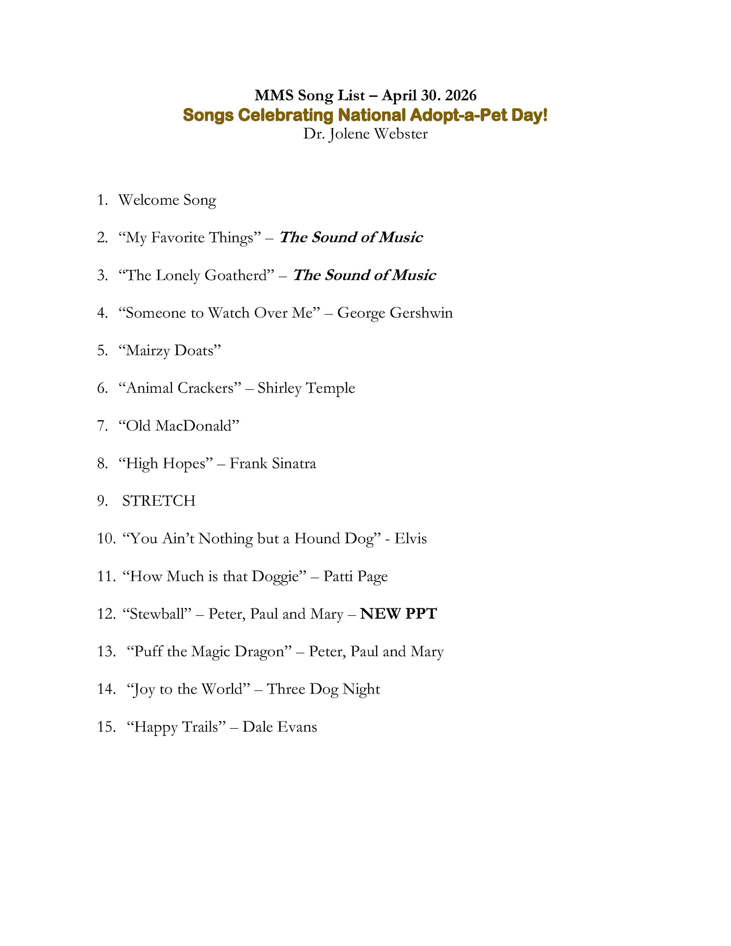 20260430 - National Adopt-A-Pet Day - song list