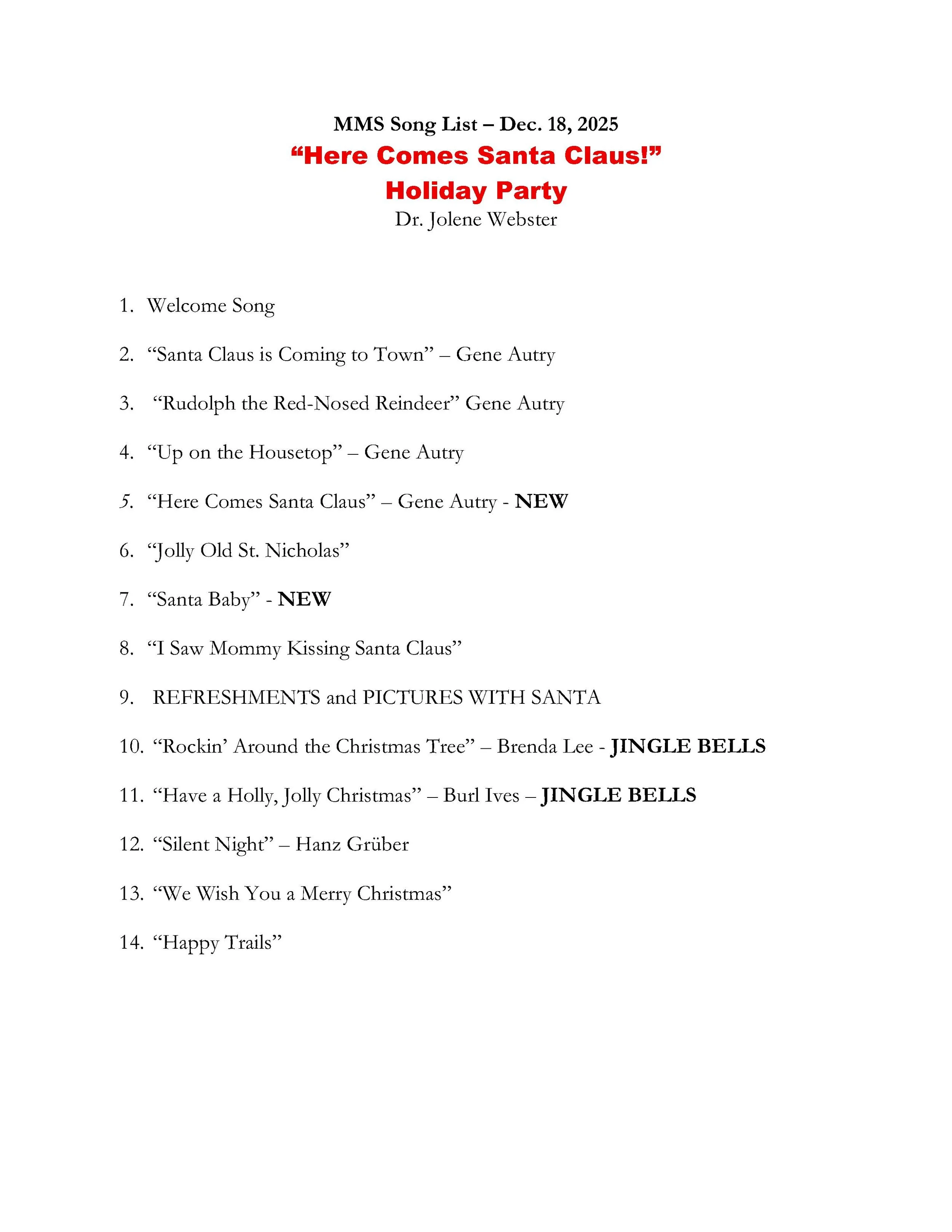 20251218- Here Comes Santa Claus song list