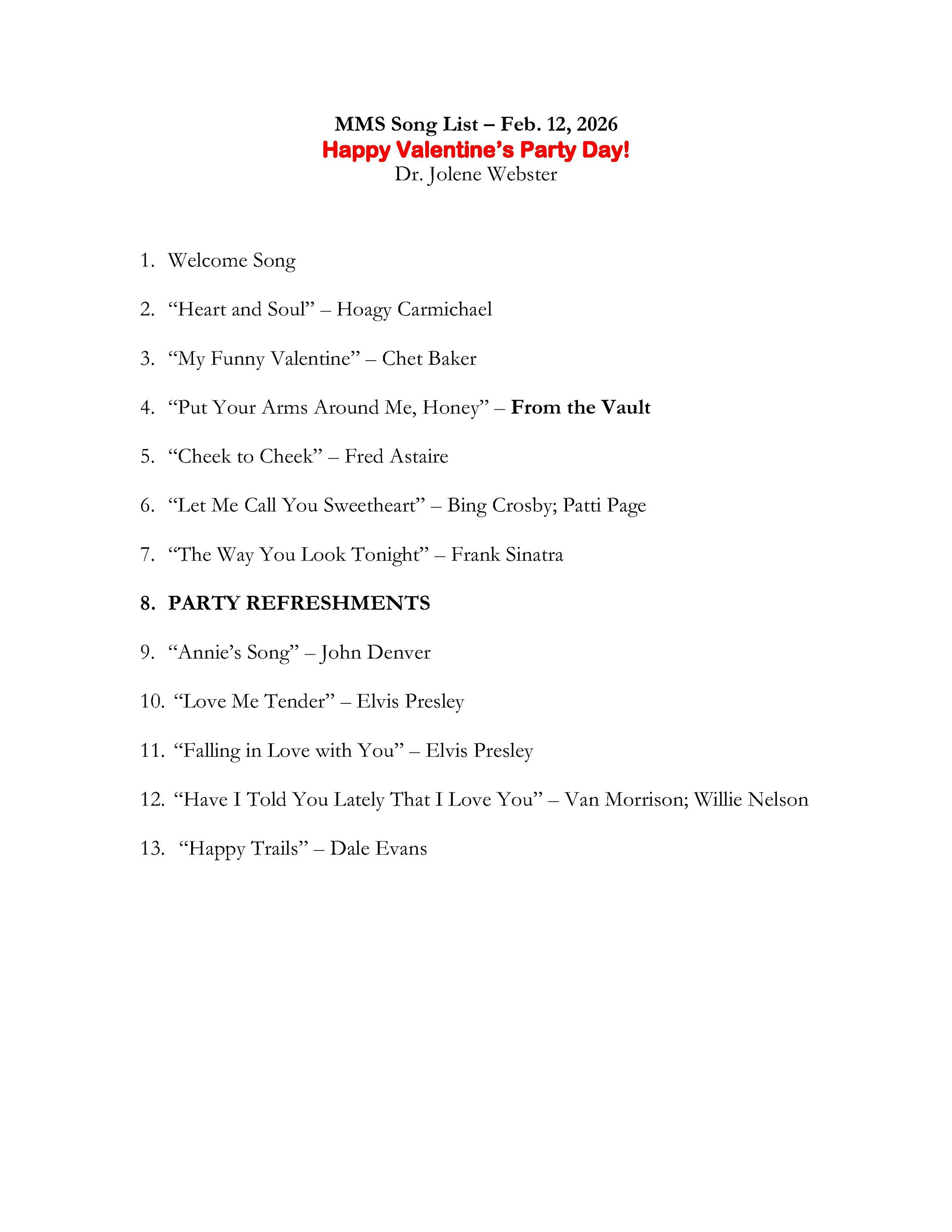20260212 - Happy Valentine's Day song list