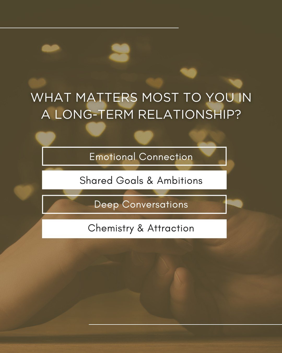 What’s your top priority in love? 💬 At QUALITY, we go beyond swiping to connect you with people who truly align with your values. Choose below and take the first step toward intentional dating!
Join QUALITY and meet someone who shares what mat