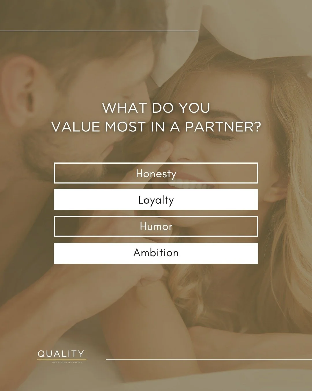 The right match isn’t just about chemistry, it’s about alignment. When you know what you value, you attract relationships that feel effortless.
At Quality, we help you uncover those values and connect with people who share them.
Comment
