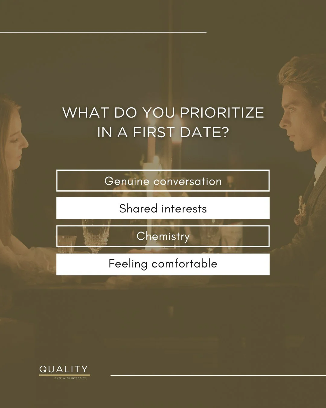 A first date sets the tone for what&rsquo;s possible.
Are you looking for authenticity, laughter, or meaningful dialogue?

Your priorities reveal what kind of connection you truly seek.

Reflect today: What&rsquo;s non-negotiable for your first date?