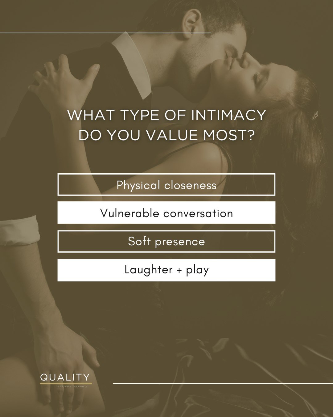 Intimacy isn&rsquo;t just physical. It&rsquo;s feeling seen, heard, and chosen.

Which one fills your heart the most?

Drop your love language below. ❤️

#QualityDating #ModernMatchmaking #EliteDating #SuccessfulSingles #ConsciousRelationships