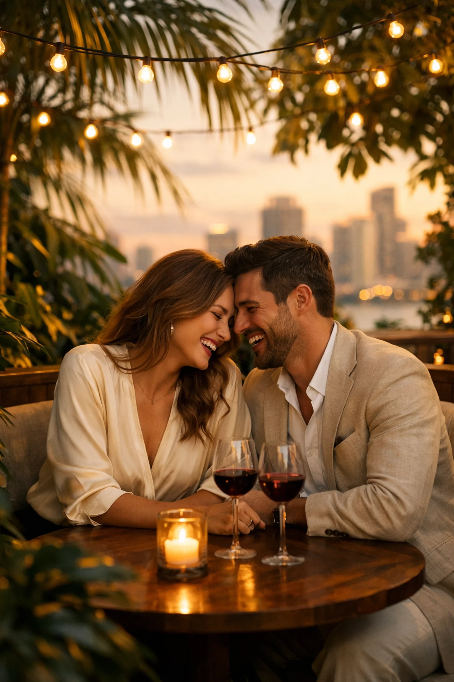 Elegant couple sharing an intimate moment on a private Miami terrace, illustrating substantial connection through matchmaking.